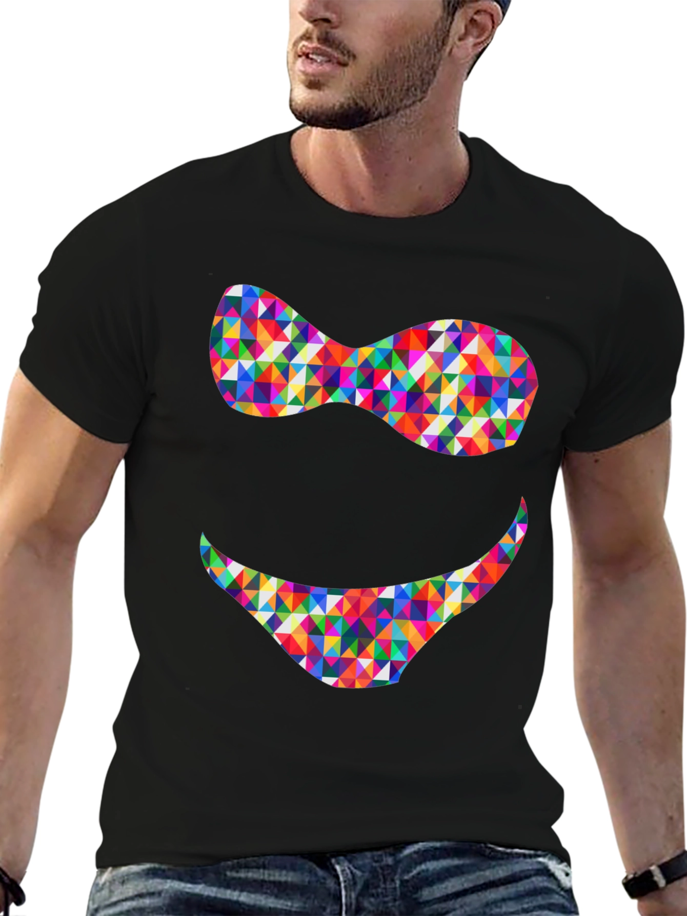 Black Colorful Triangle Smile Graphic Tee - Soft Cotton Blend view 6