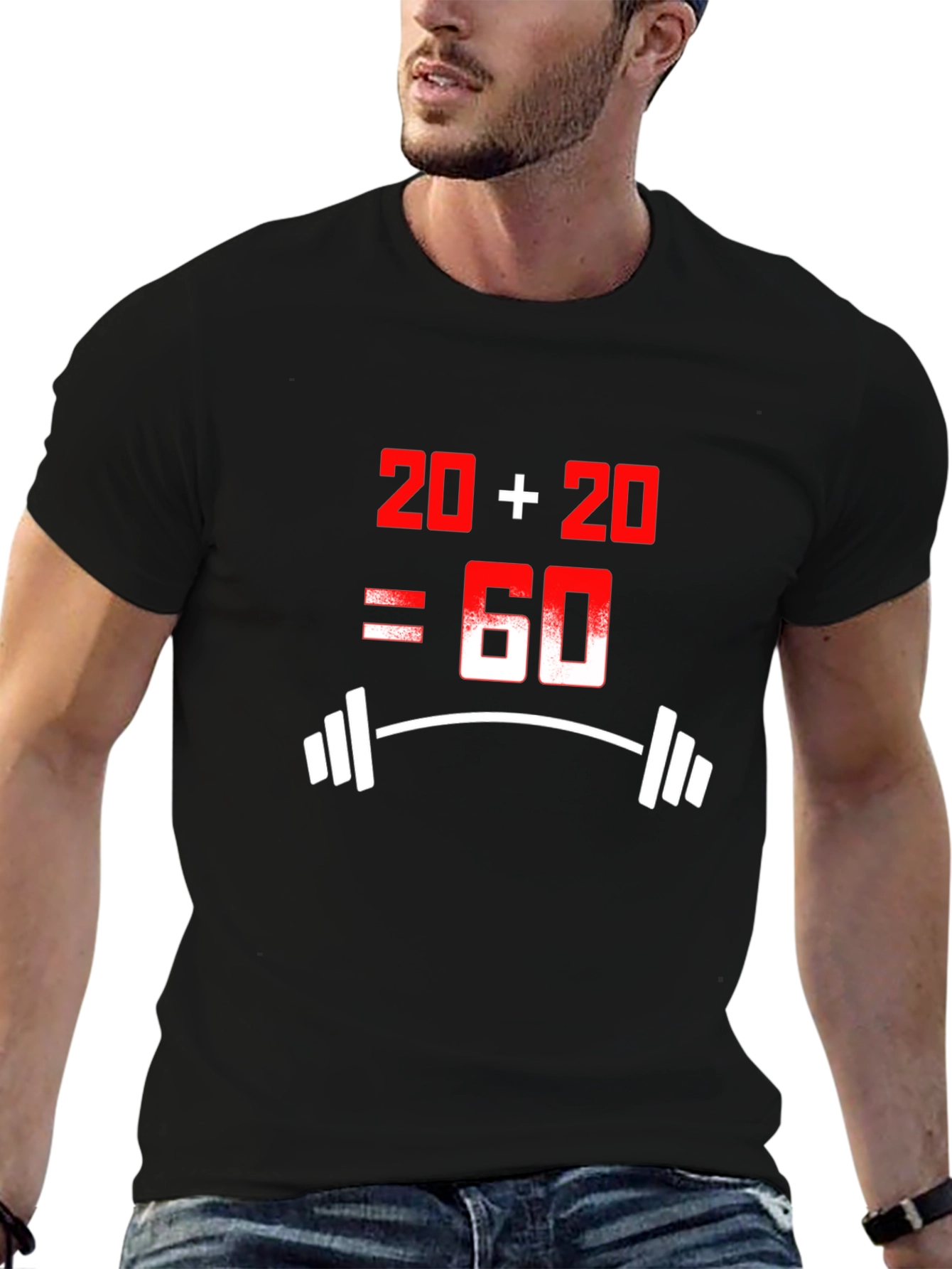 Black Funny 20+20=60 Workout T-Shirt view 6