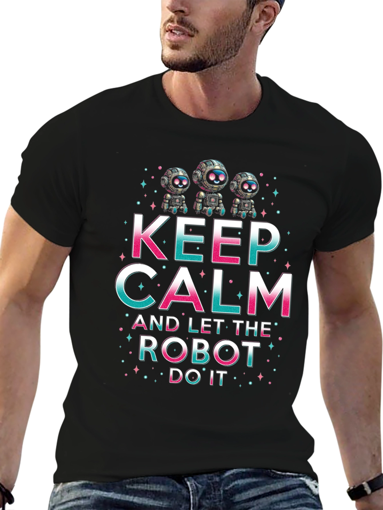 Black Keep Calm Robot T-Shirt - Funny Graphic Tee view 6