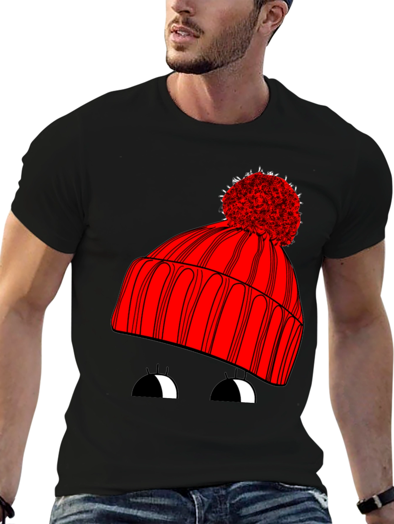 Black Whimsical Winter Hat Graphic Tee - Unisex Black T-Shirt view 6