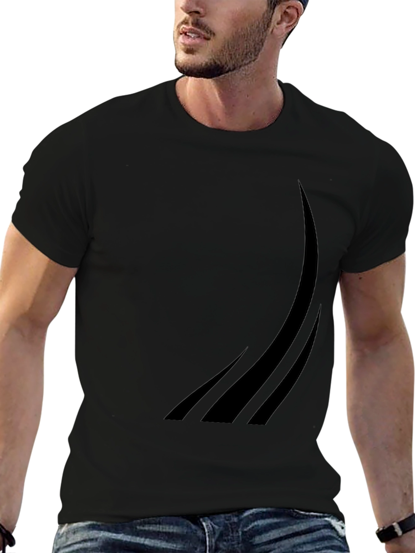 Black Men's Black Graphic Tee - Modern Curved Design view 6