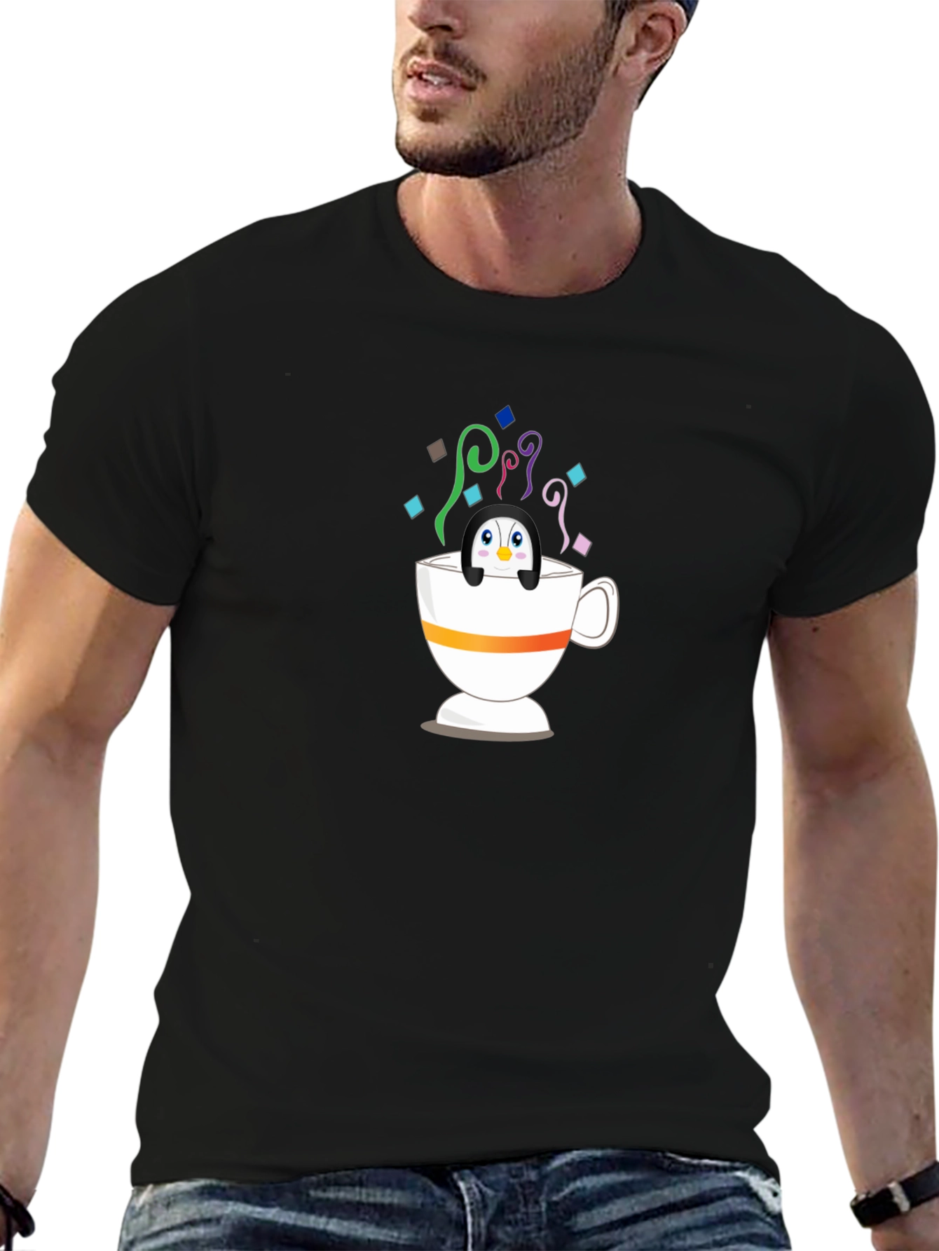 Black Penguin in Teacup Graphic Tee - Whimsical & Fun! view 6