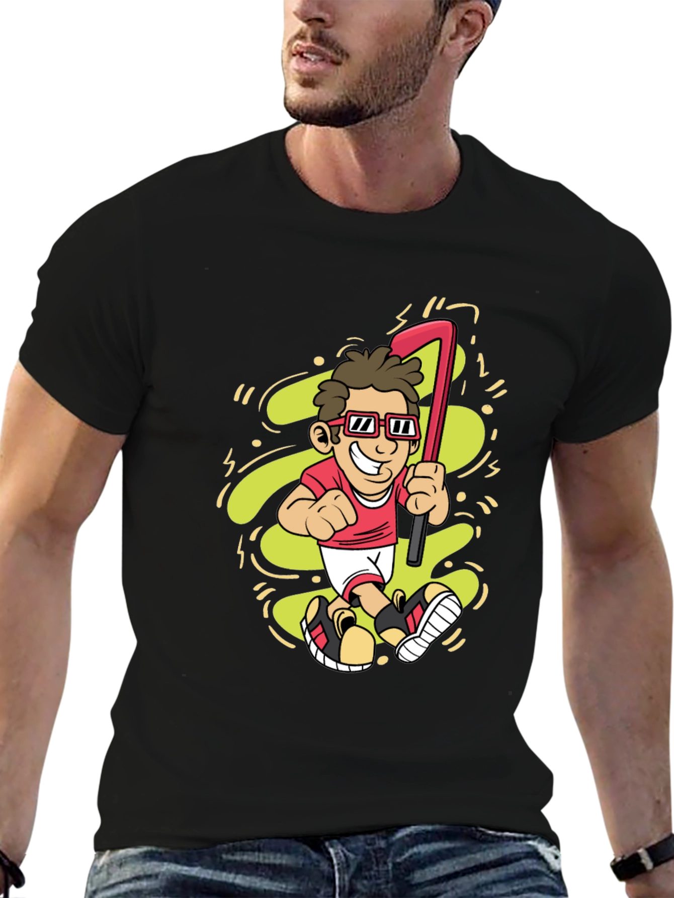 Black Cartoon Golfer Graphic Tee - Black Casual T-Shirt view 6