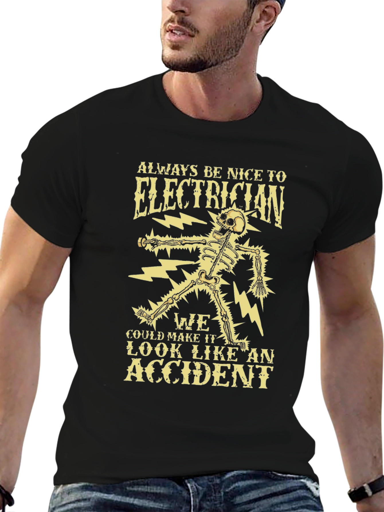 Black Electrician Skeleton Humor Graphic Tee view 6