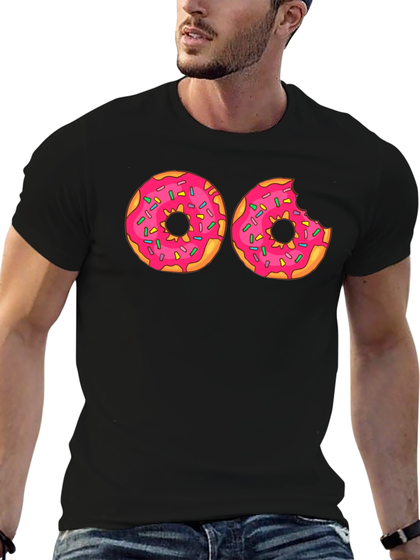 Black Donut Graphic T-Shirt - Pink Frosted Donuts Tee view 6