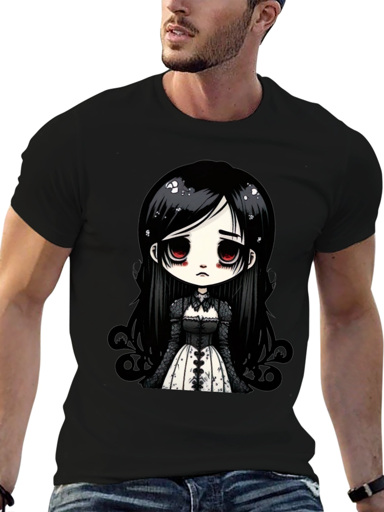 Black Gothic Doll T-Shirt - Emo Anime Style Black Tee view 6