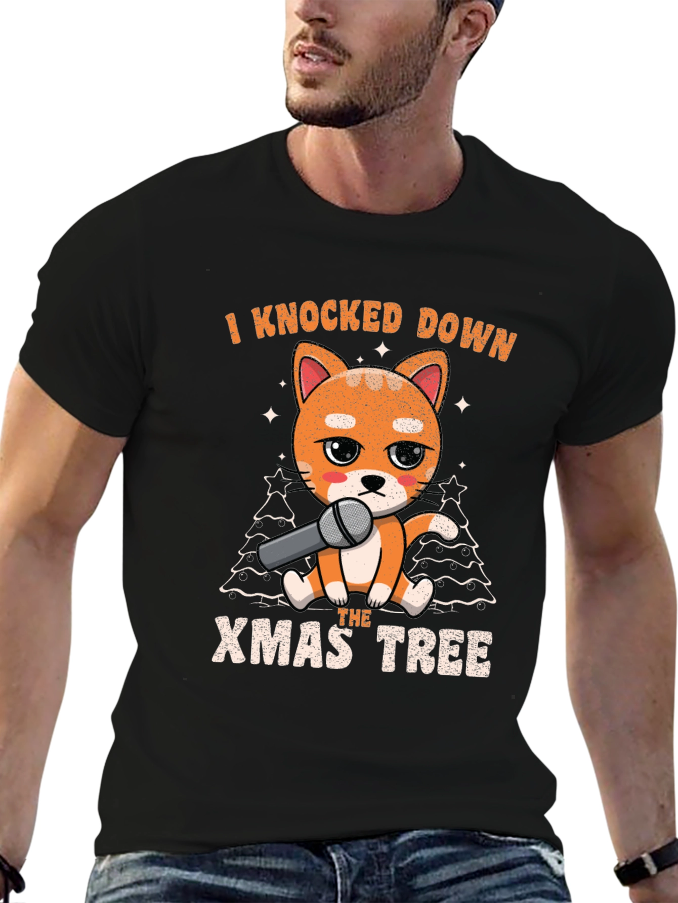 Black Funny Christmas Cat Knocked Down Xmas Tree T-Shirt view 6