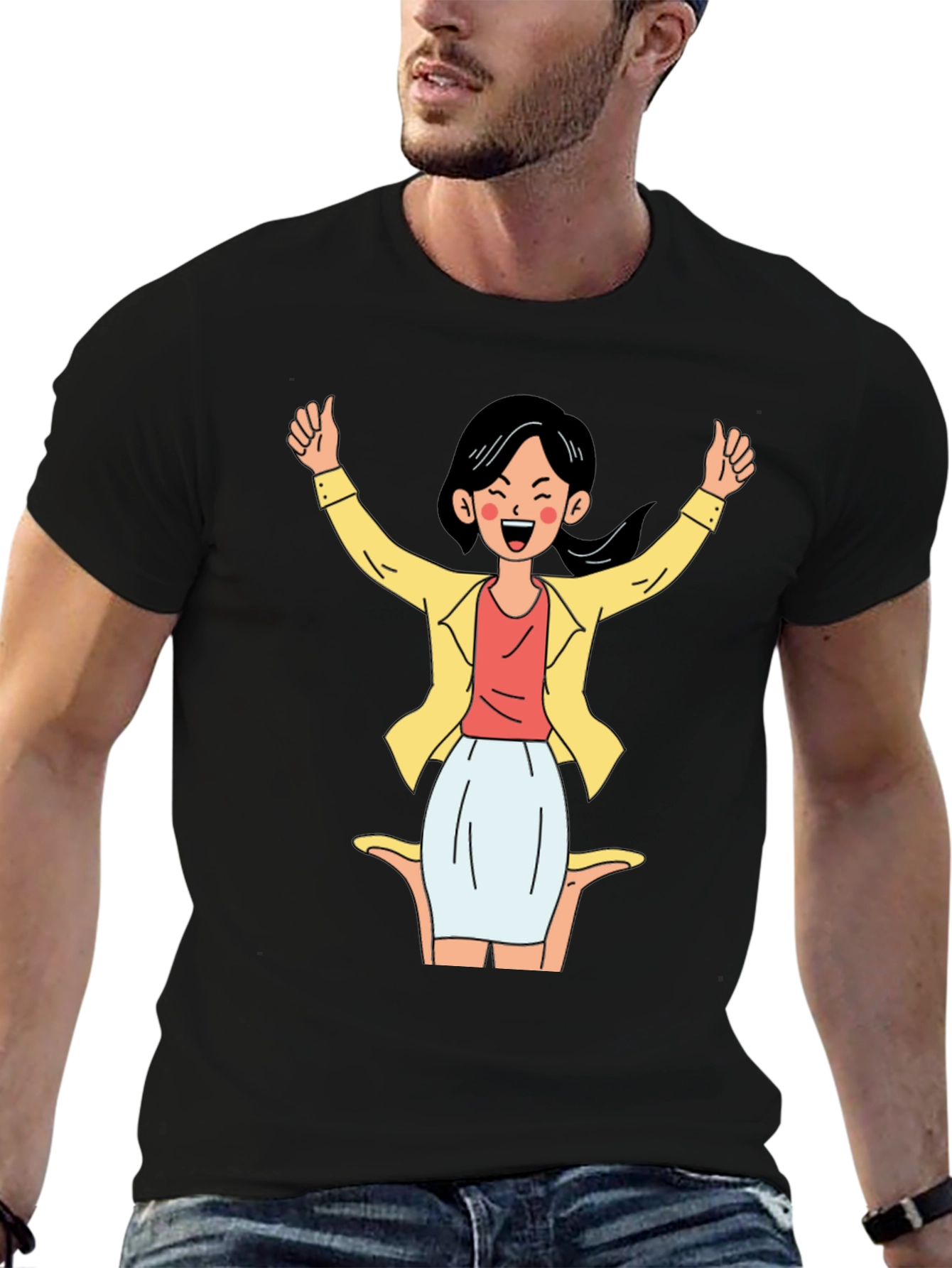 Black Black T-Shirt with Cartoon Woman Graphic view 6
