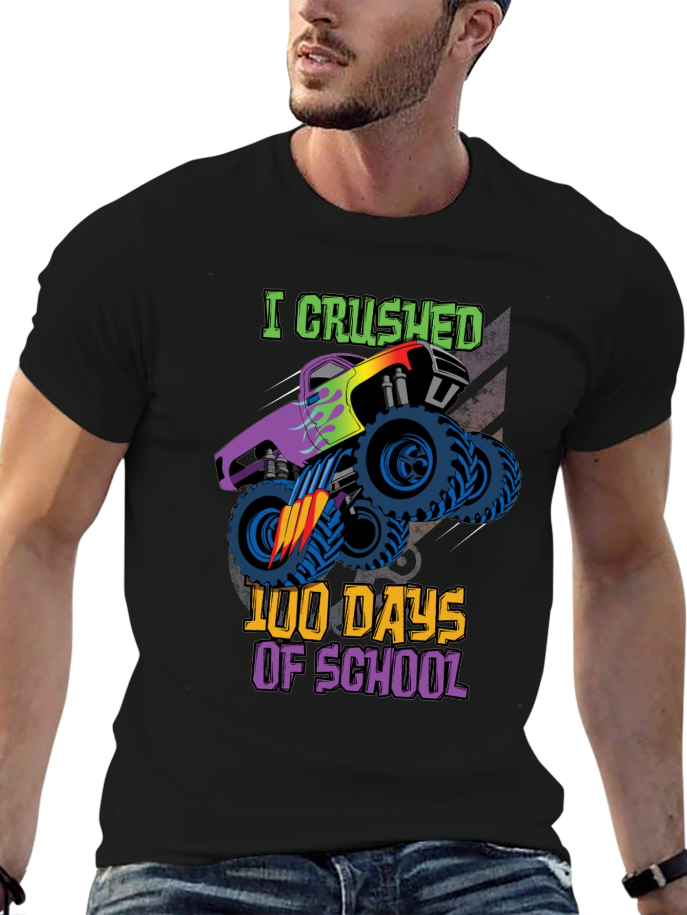 Black Crushed 100 Days of School Monster Truck T-Shirt view 6