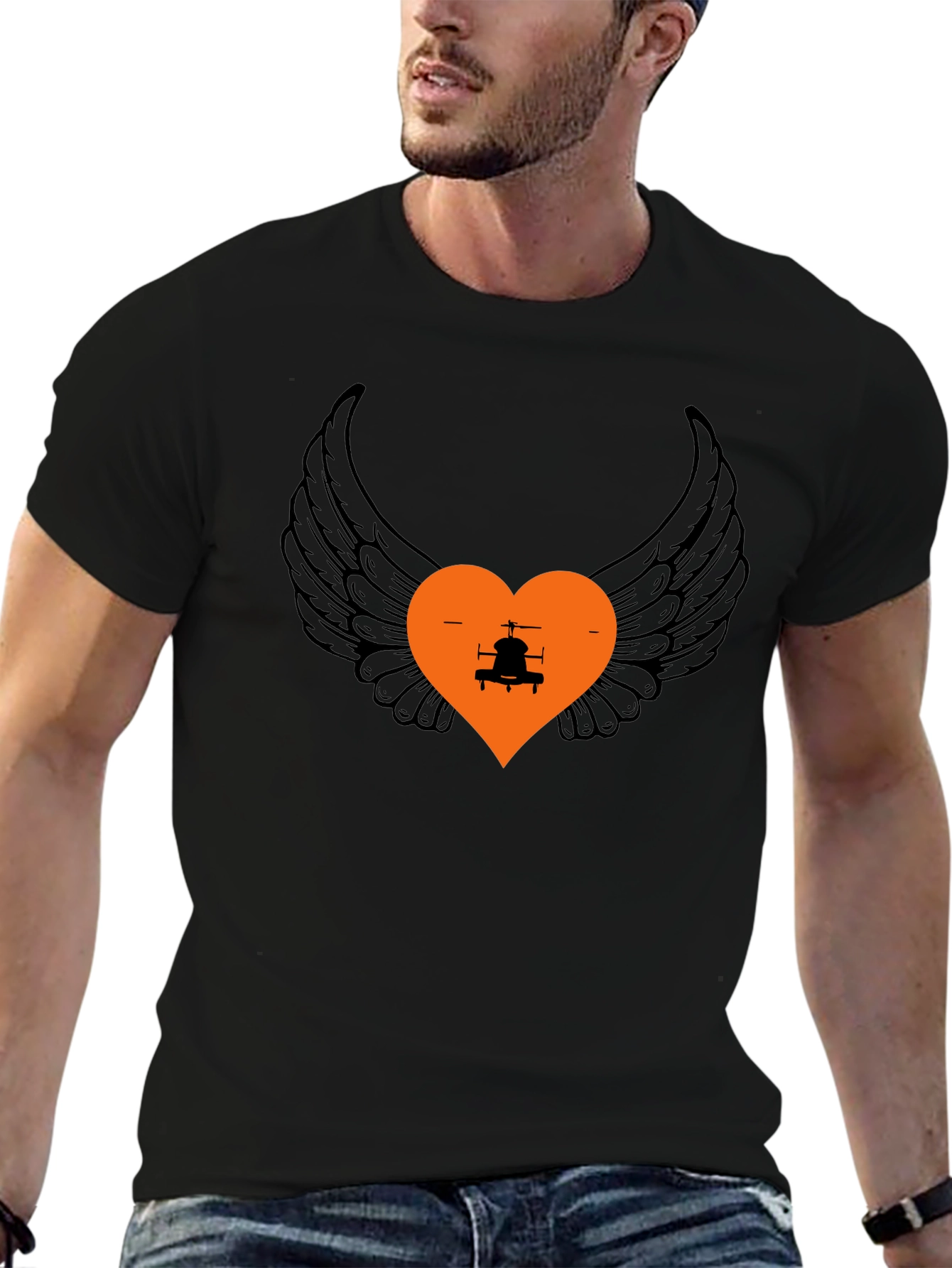 Black Wings and Heart Helicopter Graphic Tee view 6