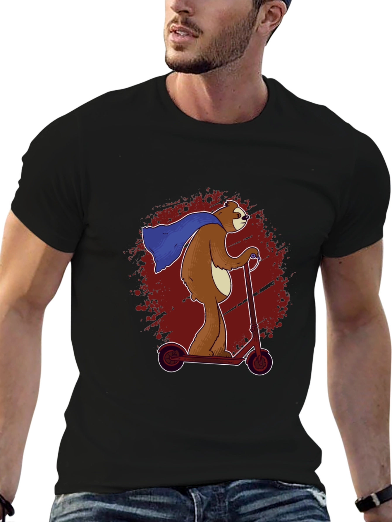 Black Superhero Sloth Scooter T-Shirt -  Funny Sloth Cape Design view 6