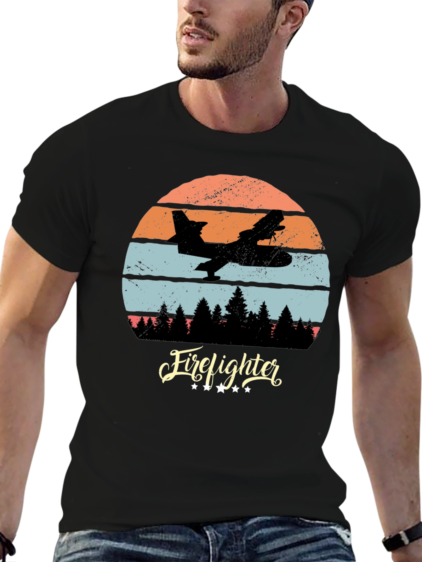 Black Firefighter Plane Retro T-Shirt view 6