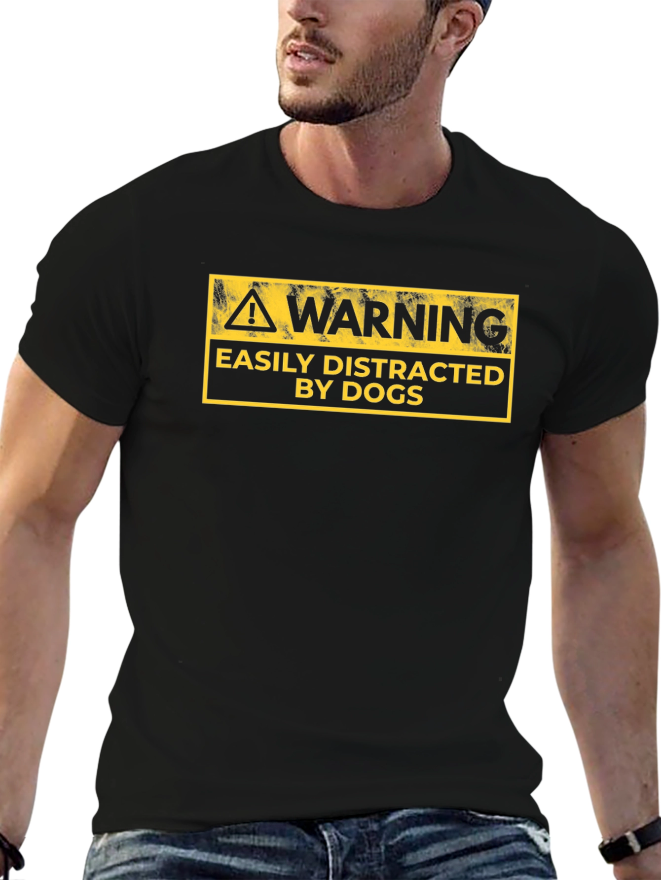 Black Warning Easily Distracted By Dogs Graphic Tee view 6