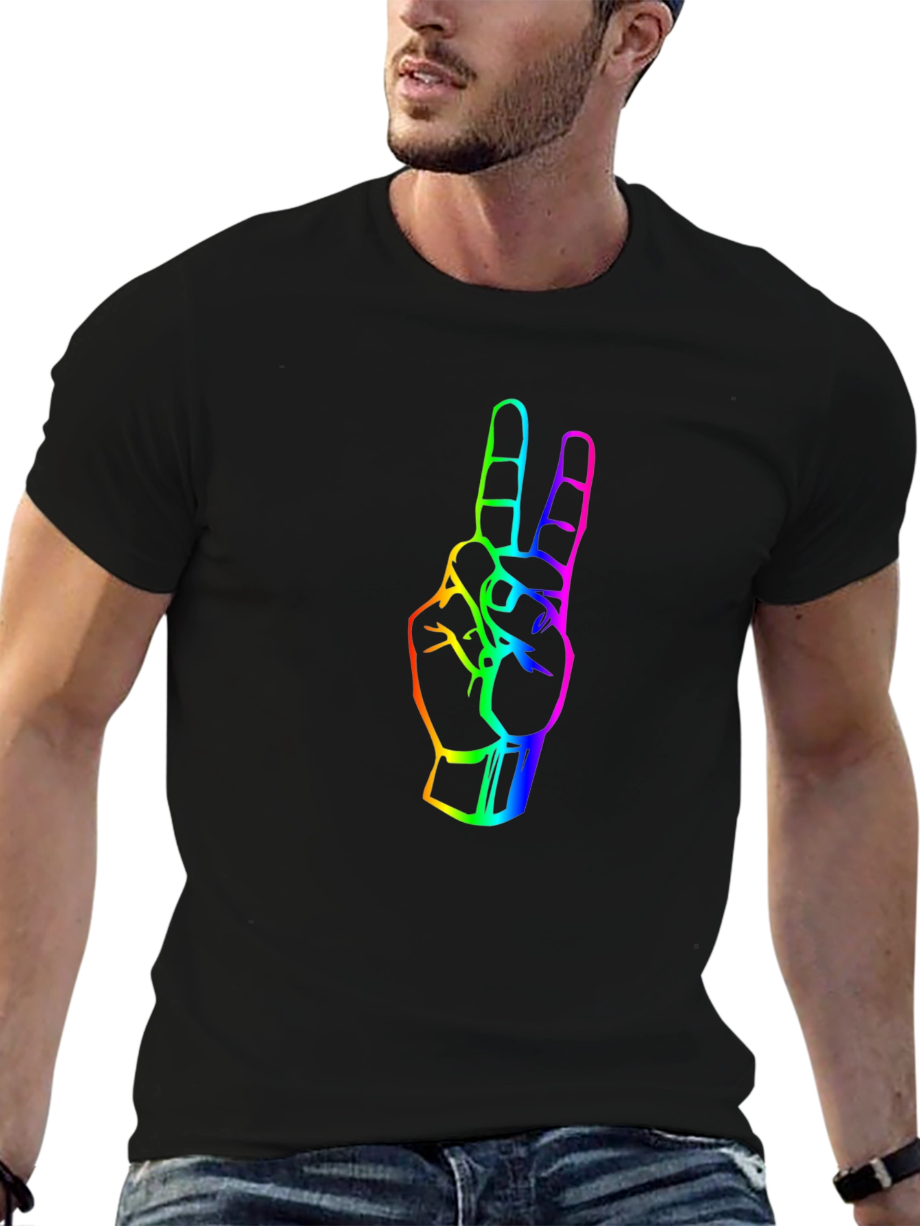 Black Rainbow Peace Sign Graphic Tee - Black Cotton T-Shirt view 6