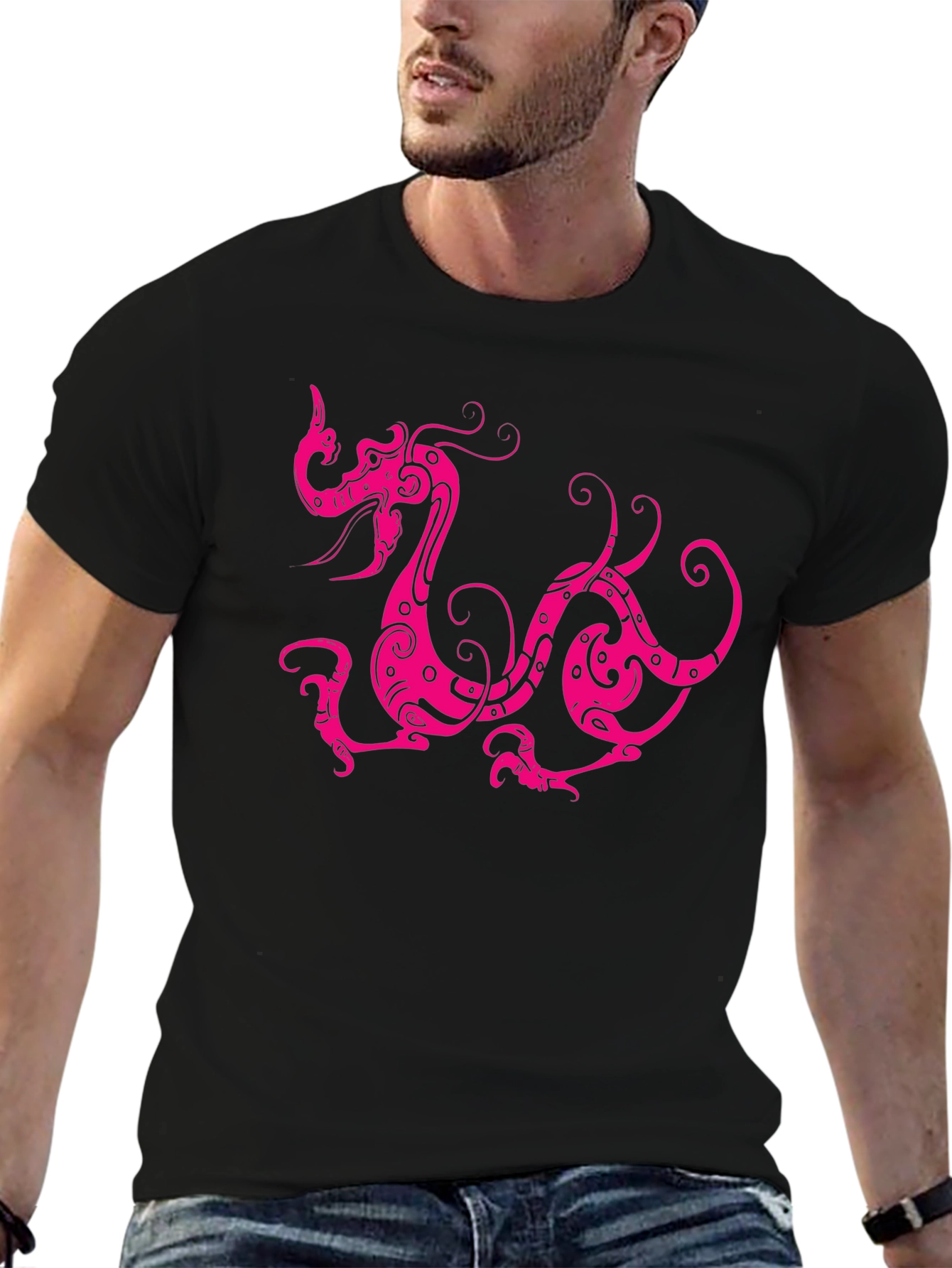 Black Black T-Shirt with Pink Dragon Design view 6