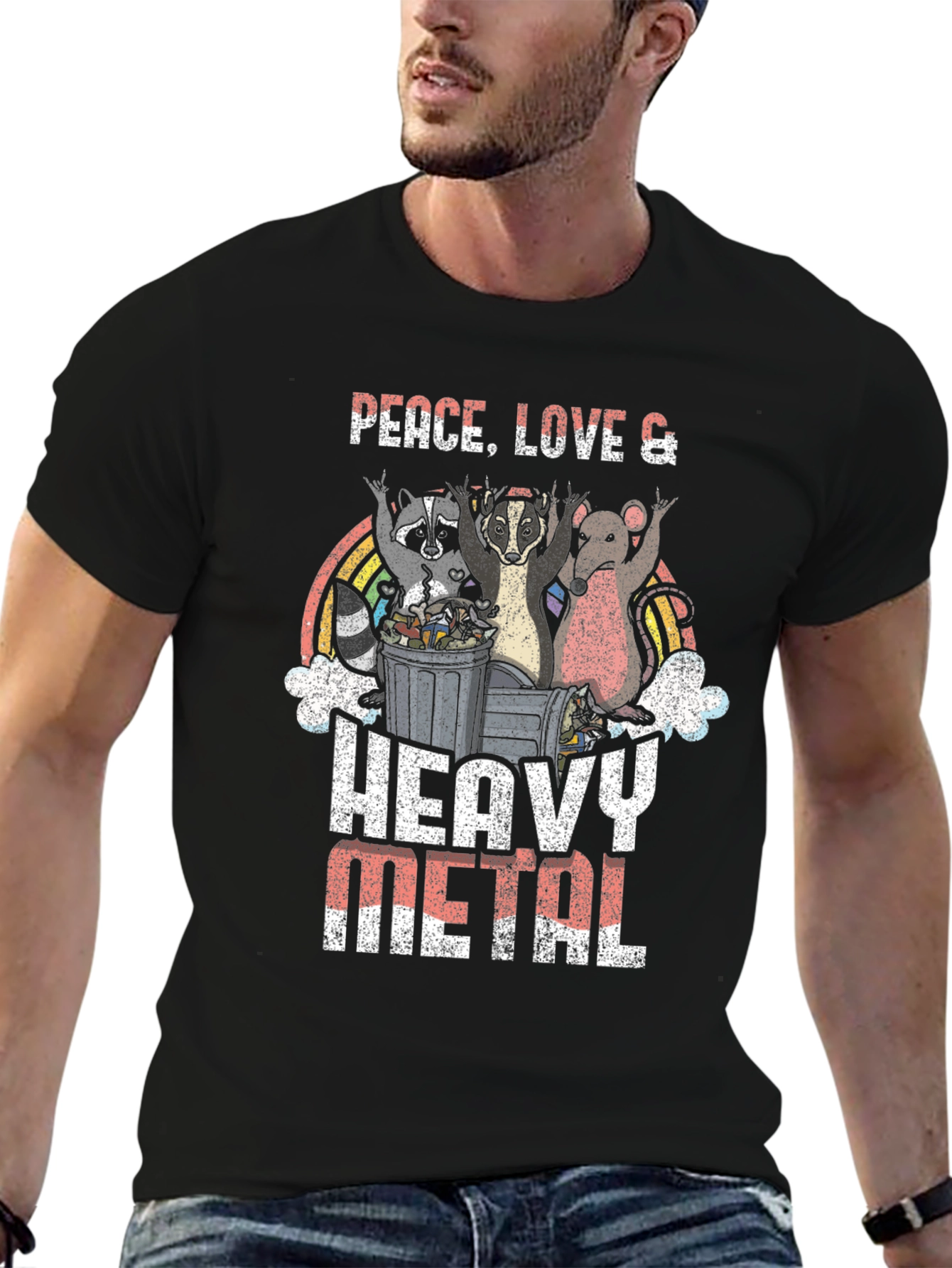 Black Peace, Love, Heavy Metal Graphic T-Shirt view 6