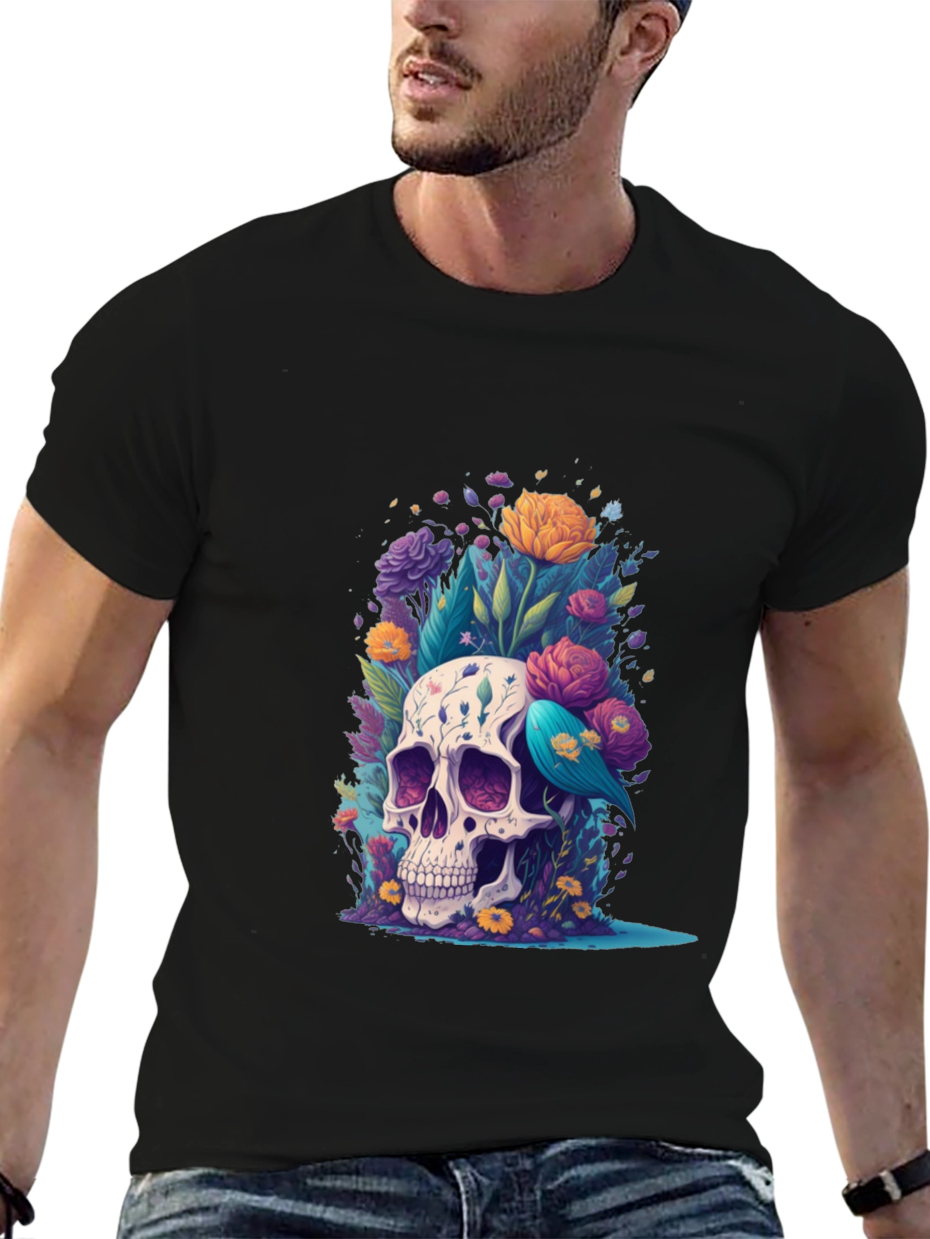 Black Floral Skull Graphic Tee - Stylish Comfort view 6