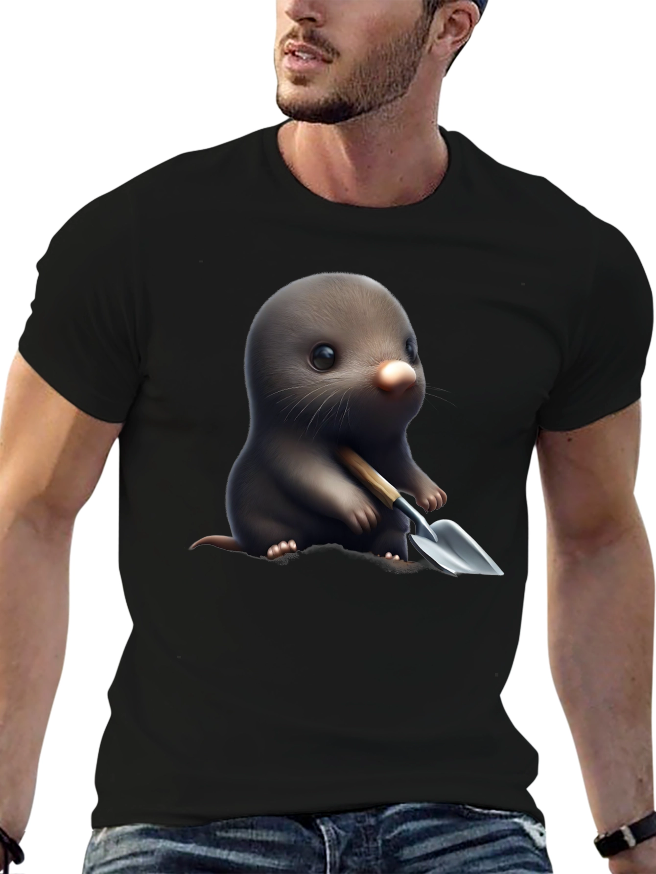 Black Cute Mole with Shovel Graphic T-Shirt view 6
