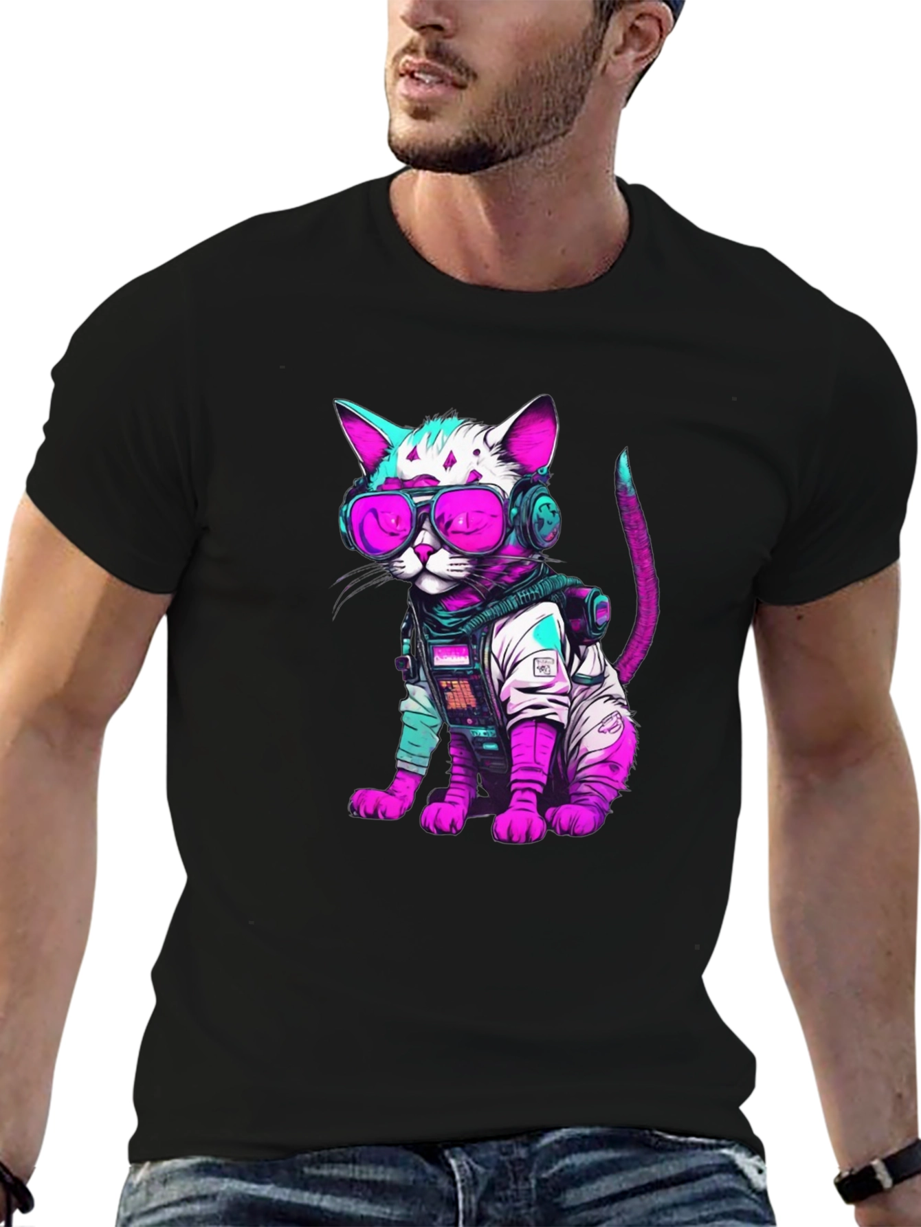 Black Cyberpunk Cat T-Shirt - Futuristic Feline Fashion view 6