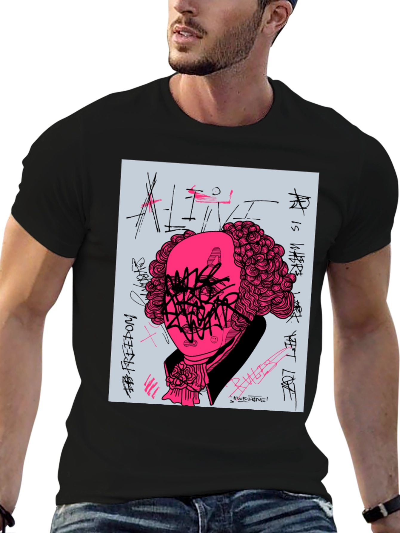 Black Graphic Print T-Shirt - Street Art Design view 6
