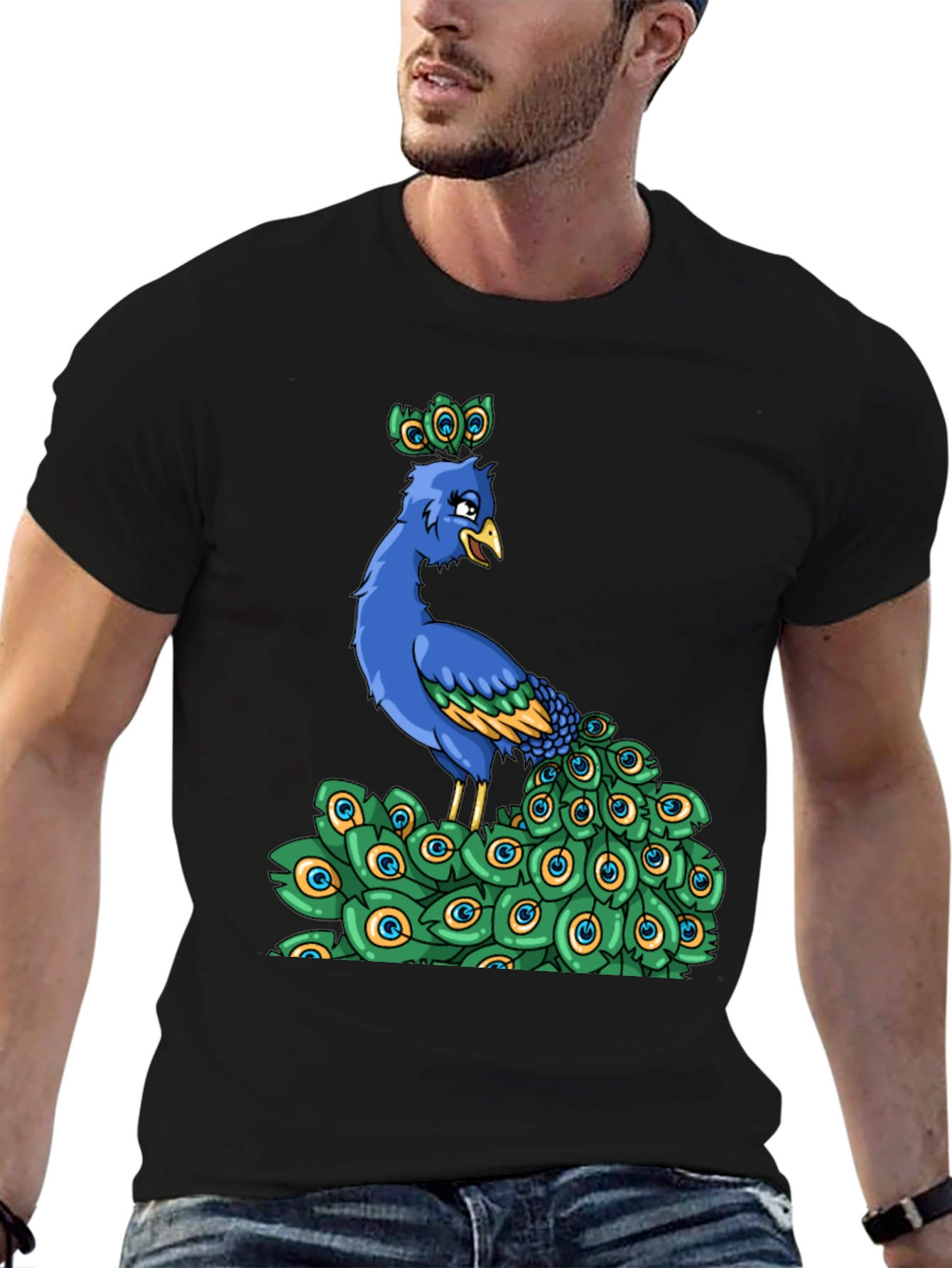Black Peacock Cartoon Graphic Tee view 6