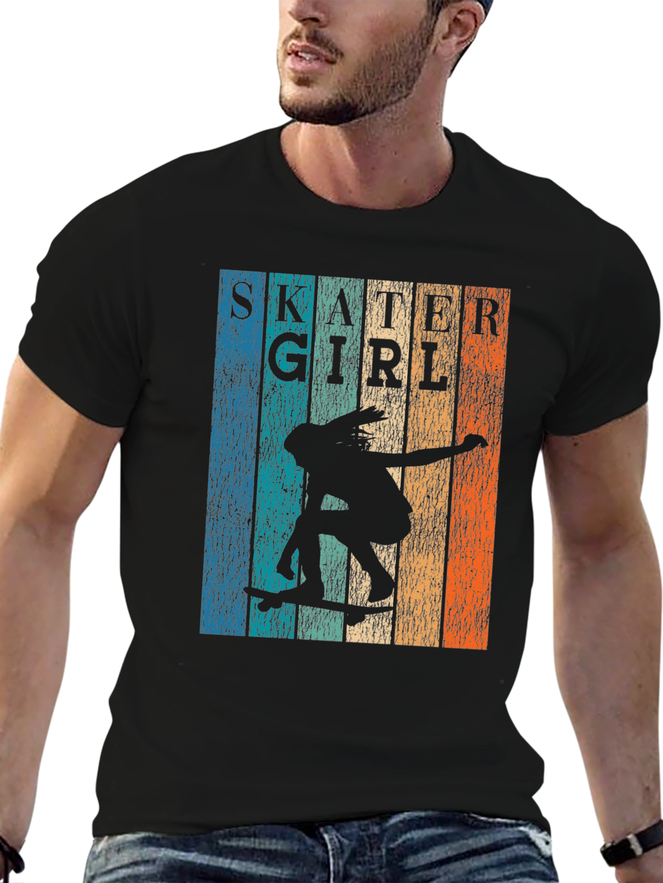 Black Skater Girl Retro Graphic T-Shirt view 6