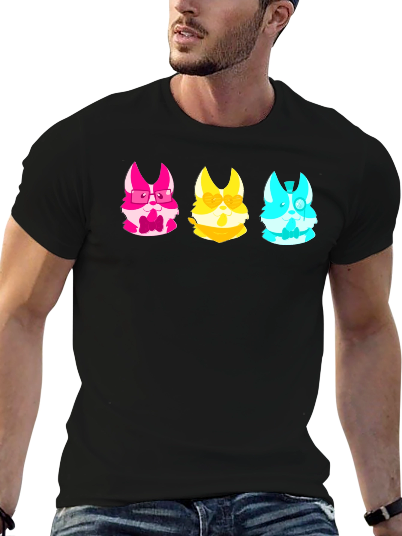 Black Trendy Tee with Kawaii Animal Character Trio view 6