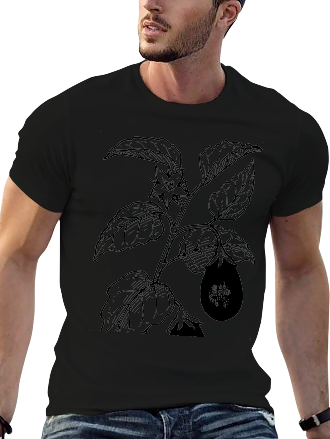 Botanical Eggplant Print Black T-Shirt - 6