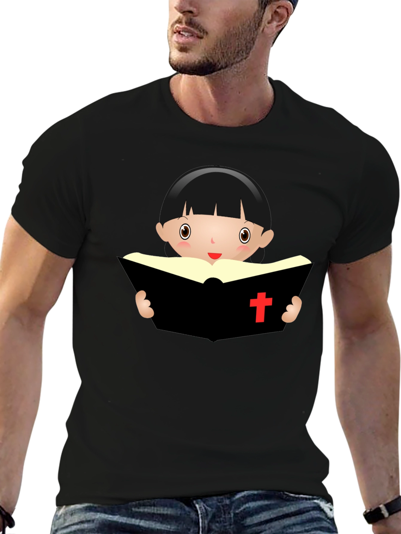 Black Cartoon Girl Reading Book - Black T-Shirt view 6