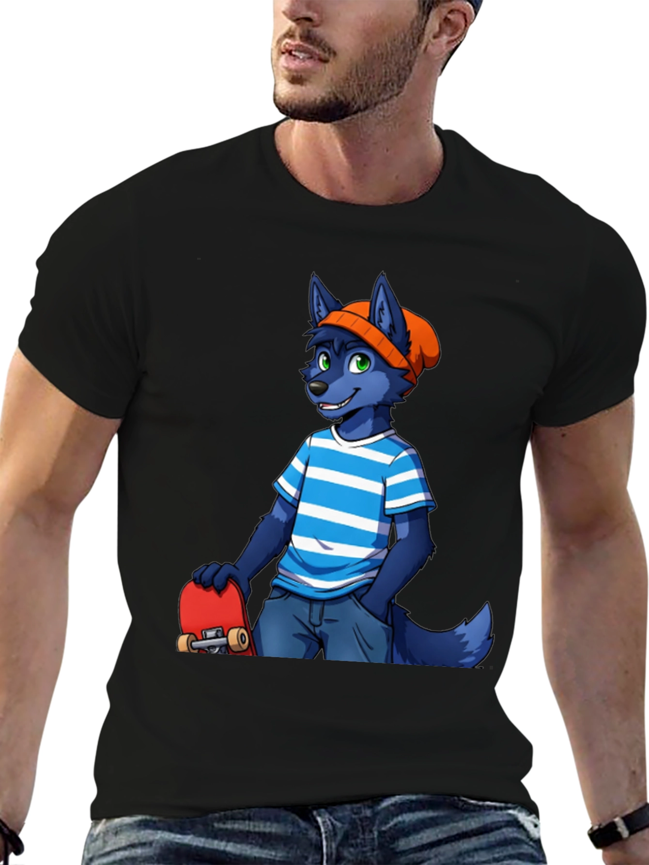 Black Furry Skater T-Shirt - Cool Blue Wolf Design view 6