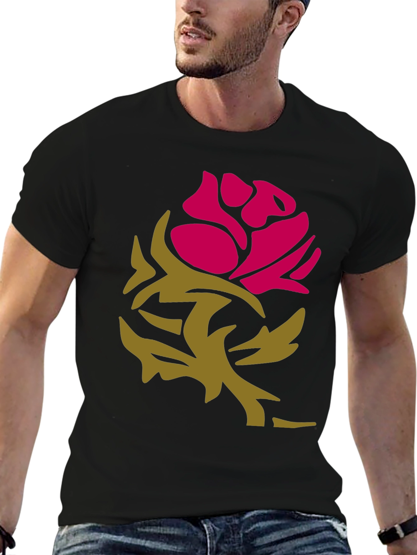 Black Stylish Rose Graphic Black T-Shirt view 6