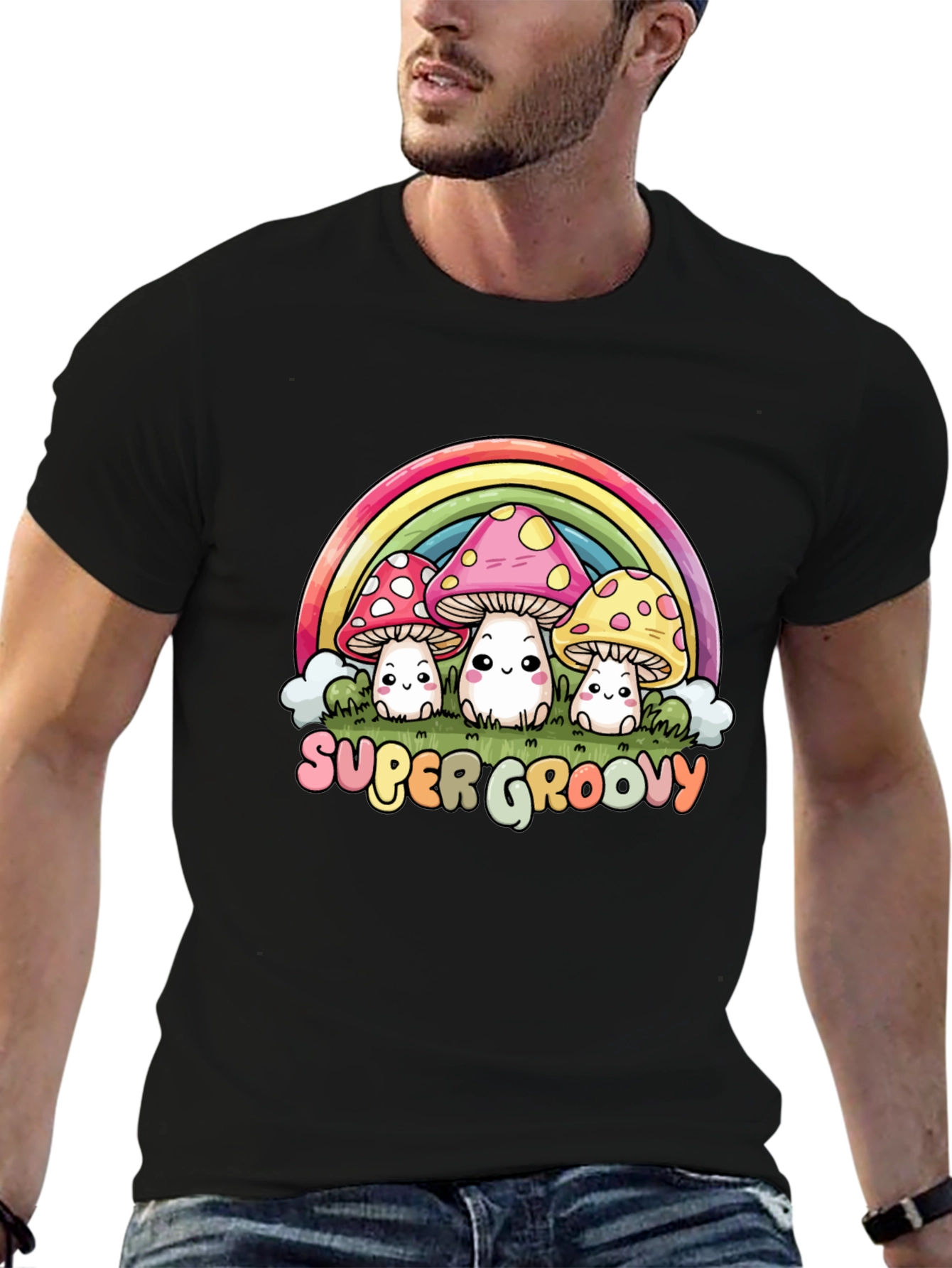 Black Super Groovy Mushroom Rainbow Graphic Tee view 6