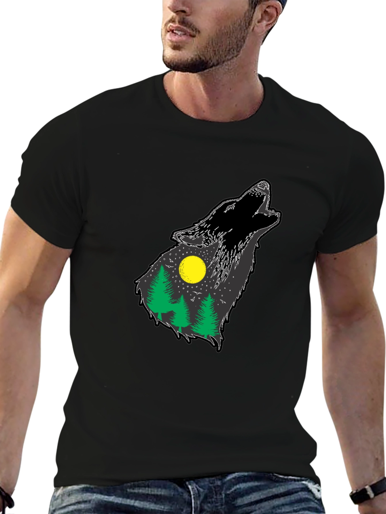 Black Wolf Howling Forest T-Shirt - Black view 6