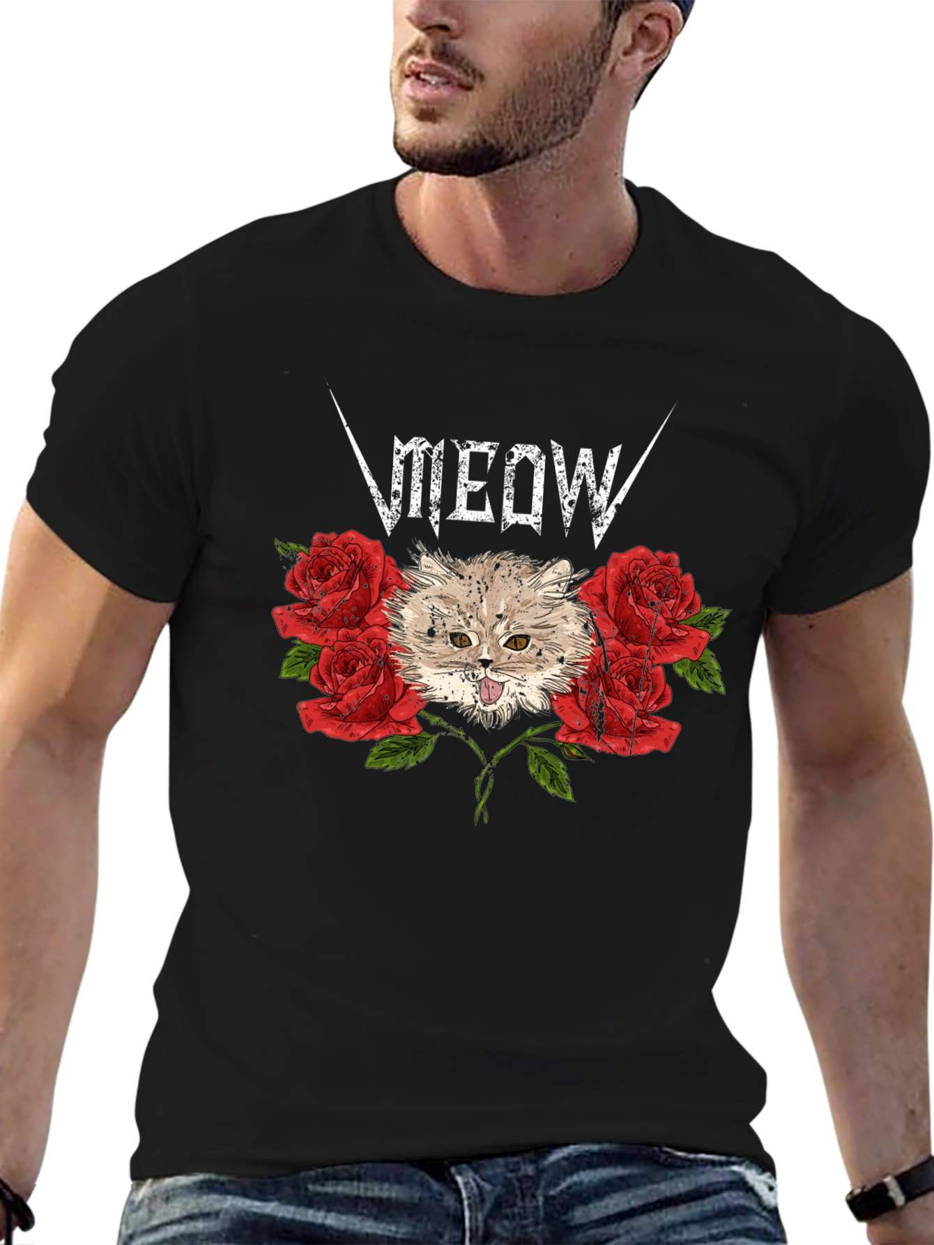 Black Meow Heavy Metal Cat & Roses Black T-Shirt view 6