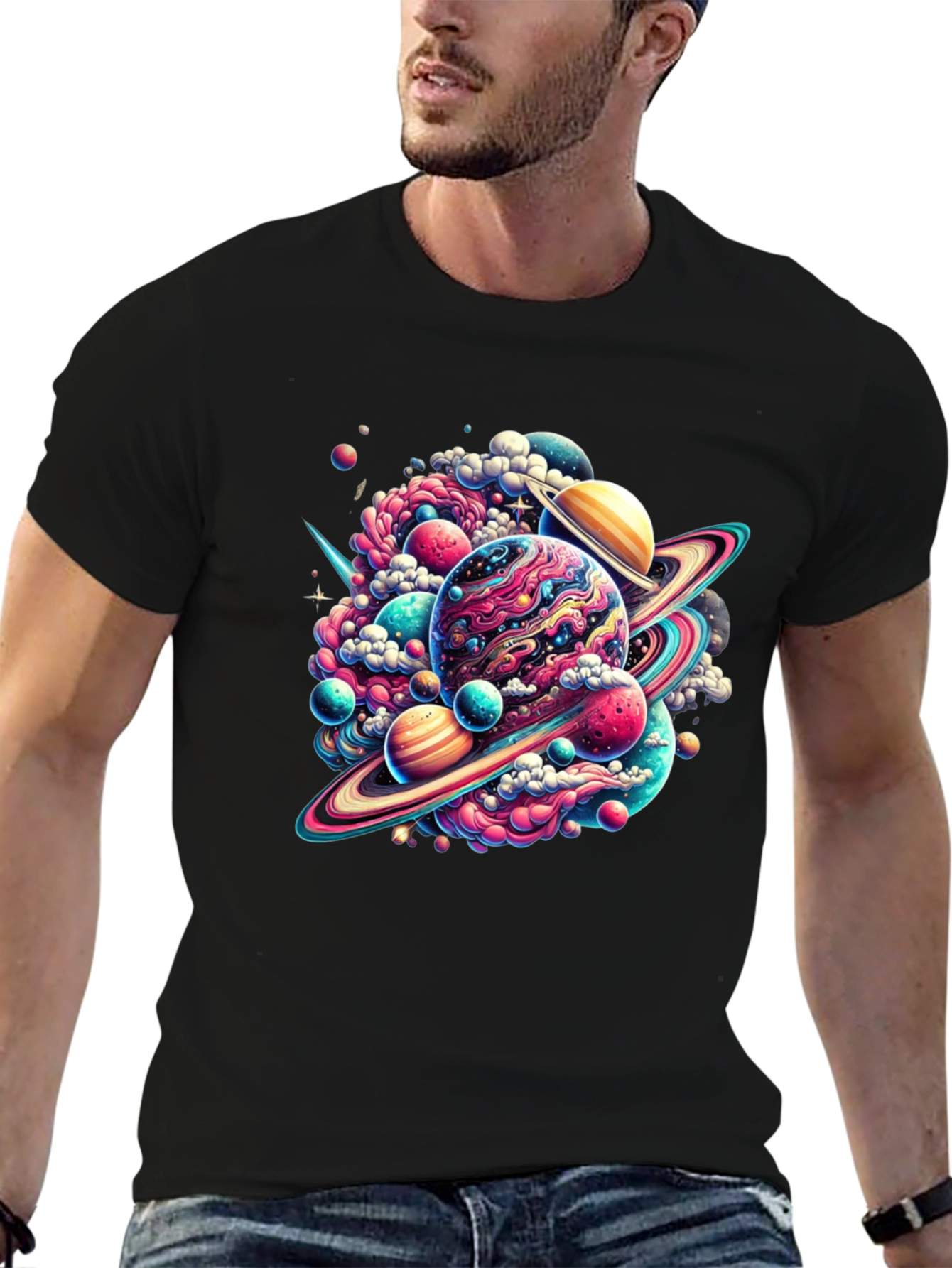 Black Cosmic Planet Graphic Tee - Black Cotton Comfort view 6