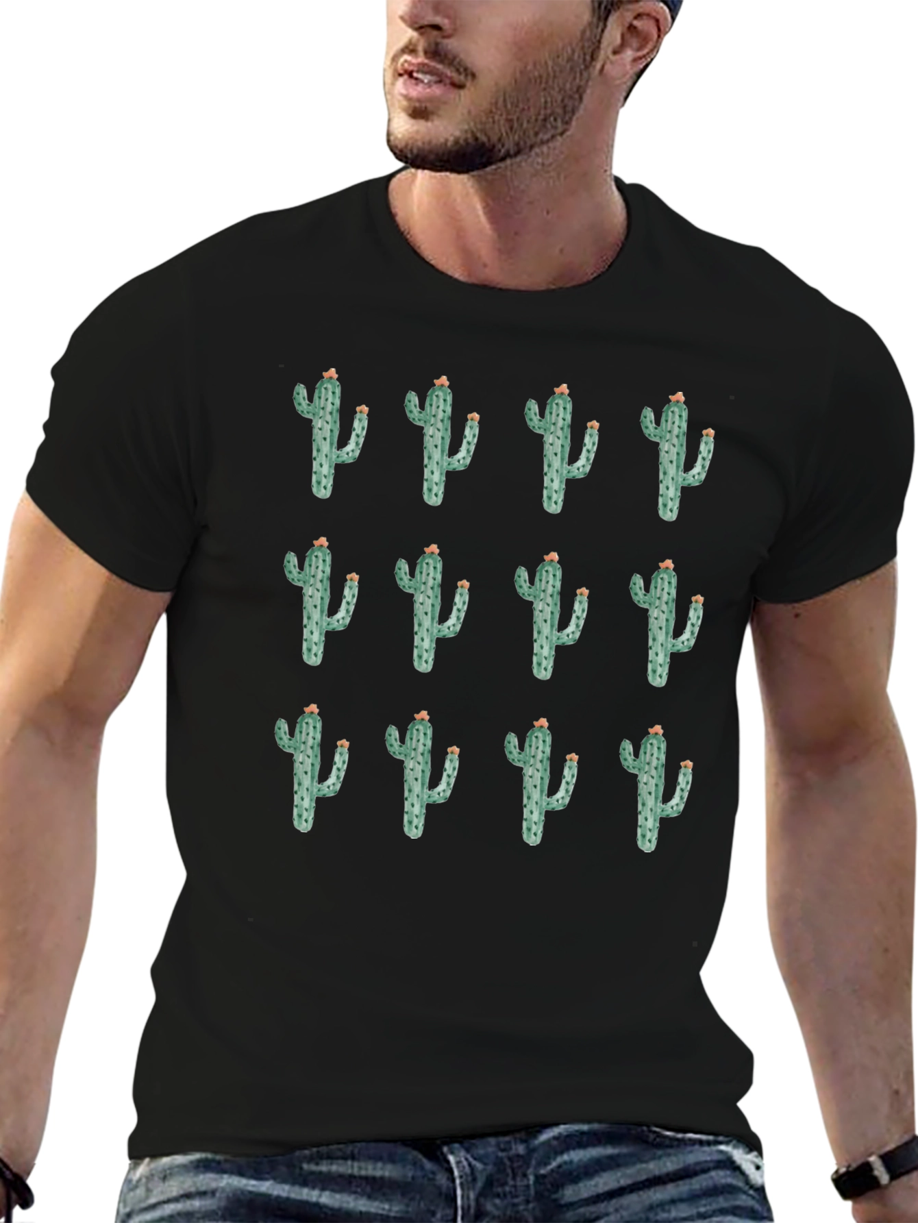 Black Cactus Print Crew Neck T-Shirt view 6