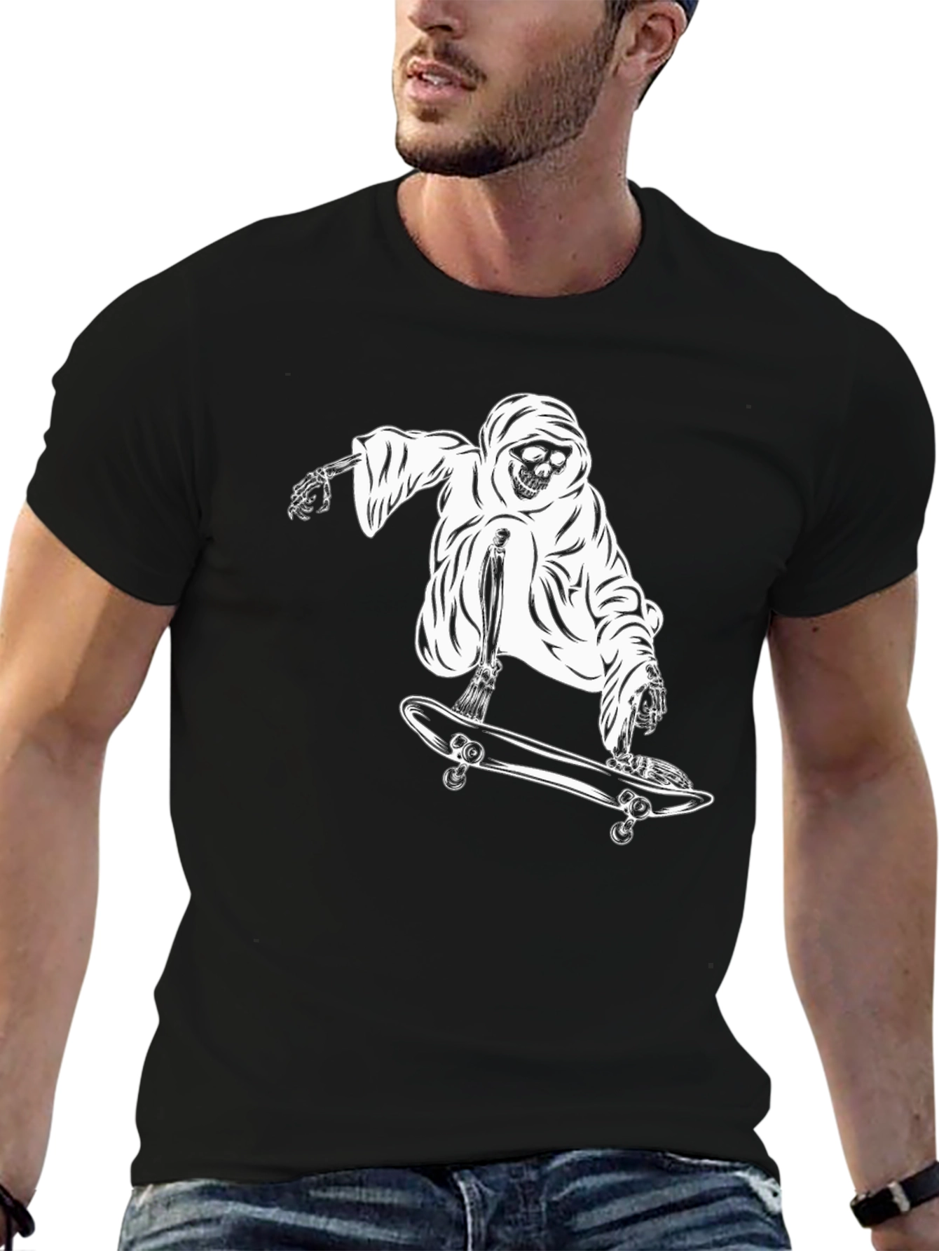 Black Skateboarding Skeleton T-Shirt - Cool Graphic Tee view 6