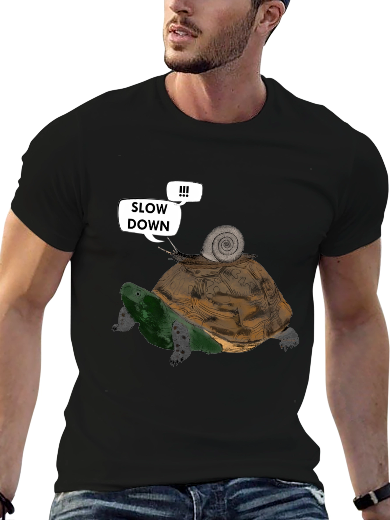 Black Slow Down Funny Turtle and Snail Graphic T-Shirt view 6