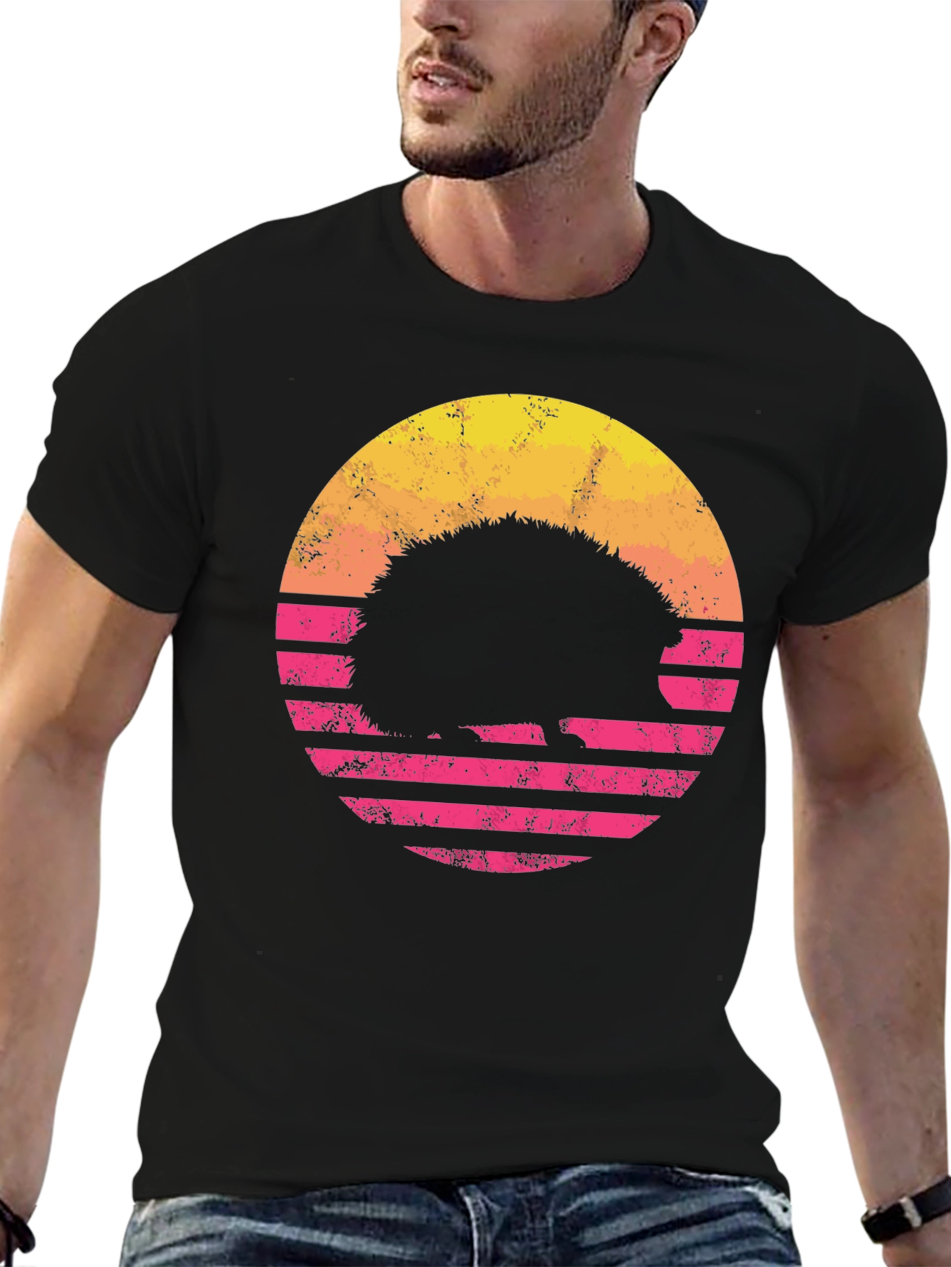 Black Retro Hedgehog Sunset T-Shirt view 6