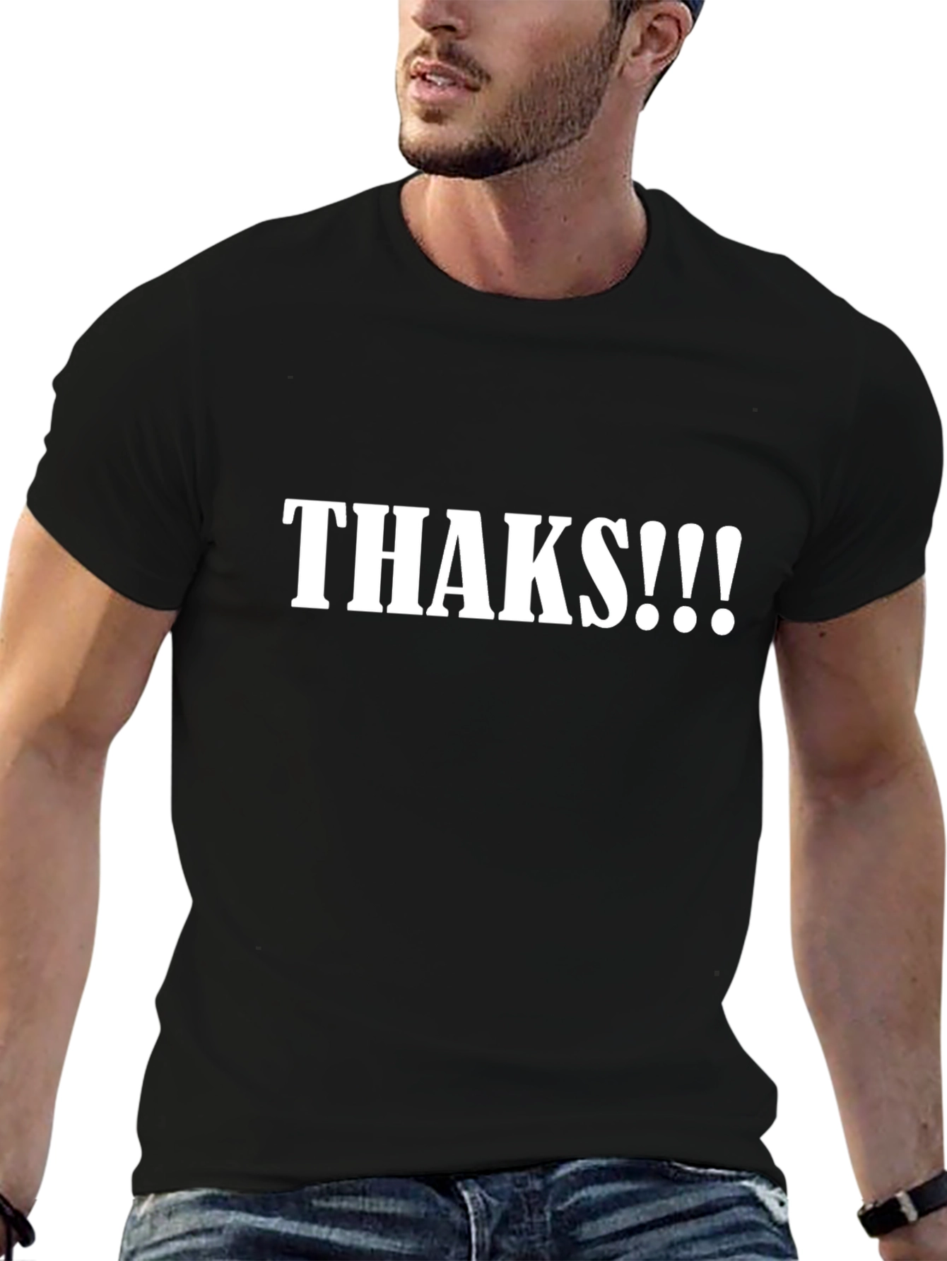 Black Humorous "Thaks!!!" Graphic Tee - Casual Black T-Shirt view 6