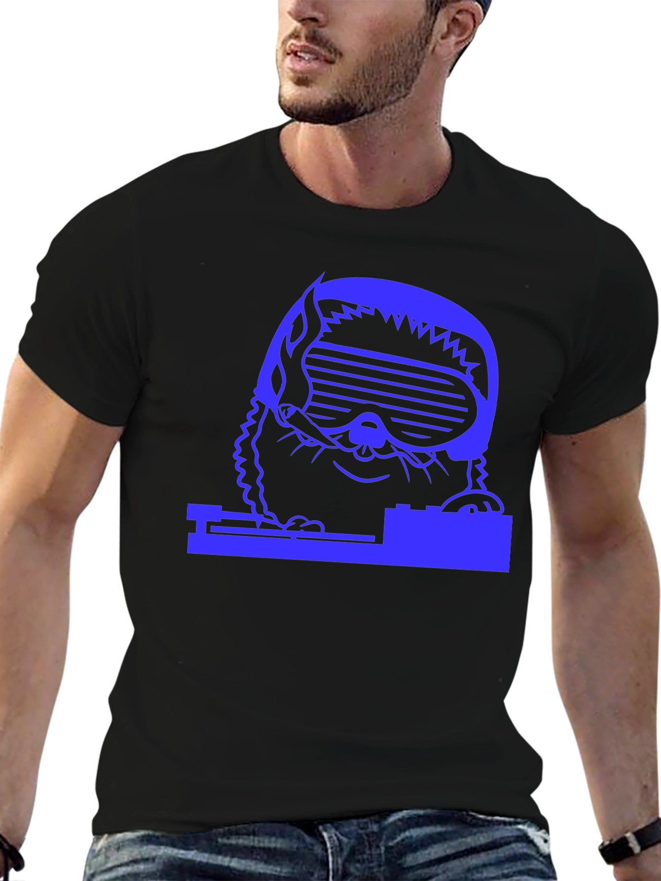 Black DJ Cat T-Shirt - Black Cotton Tee with Blue Graphic view 6