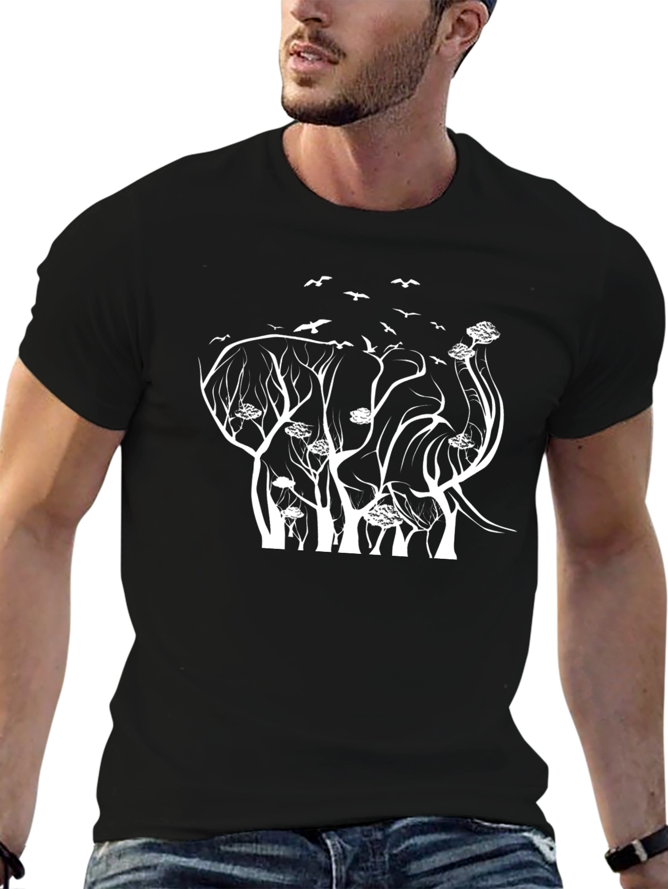 Black Elephant Tree Graphic Tee - Stylish Nature Print view 6