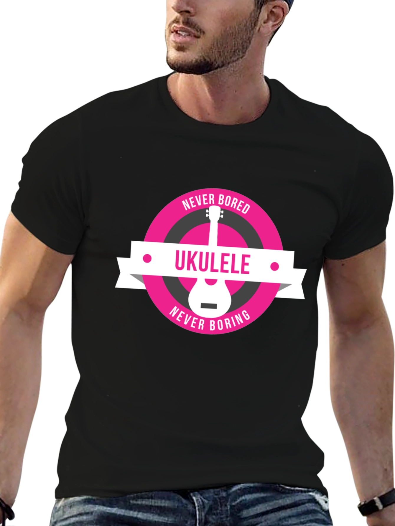 Black Ukulele Never Bored T-Shirt - Music Lover Tee view 6