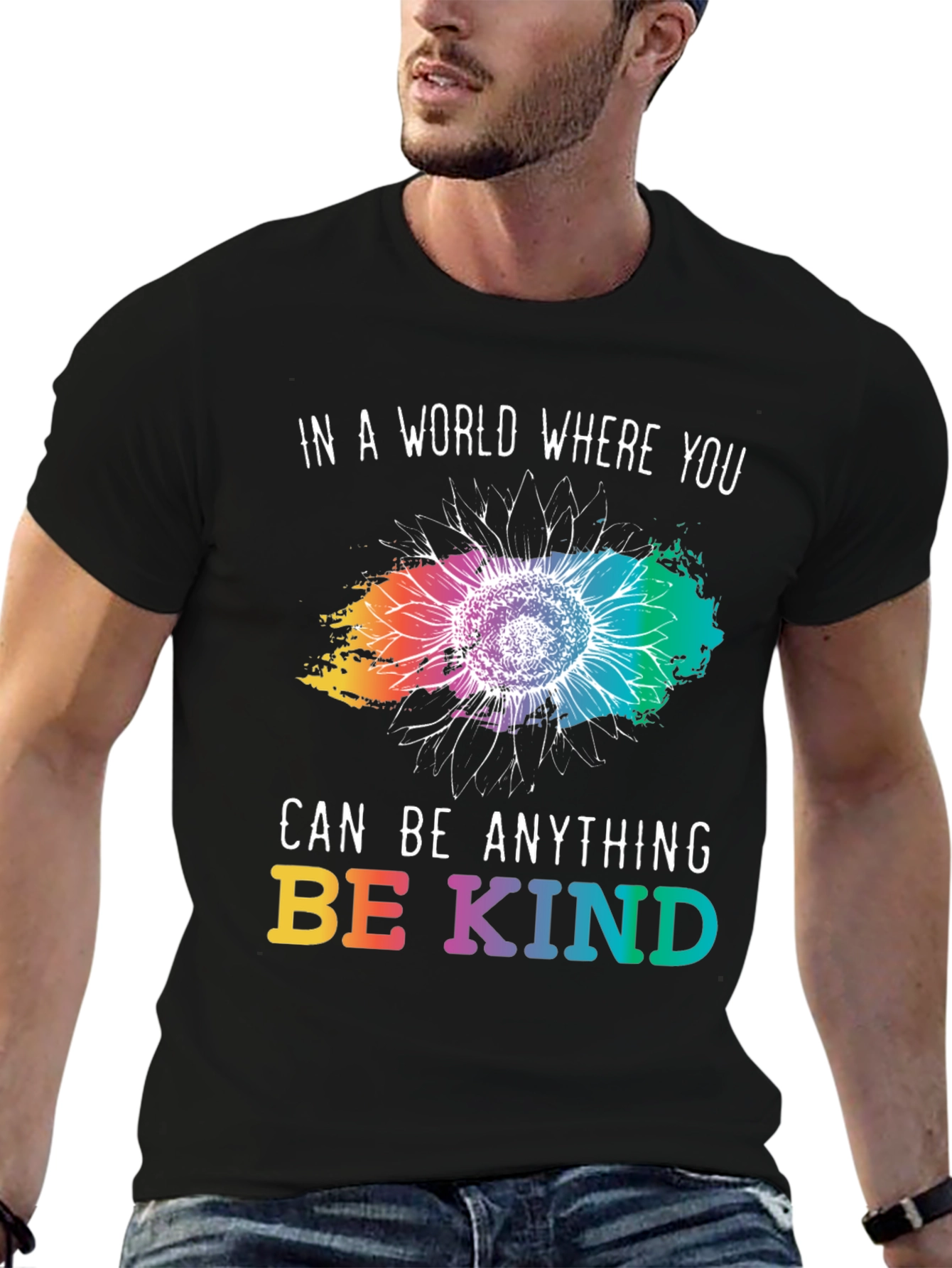 Black Be Kind T-Shirt - Rainbow Sunflower Design view 6