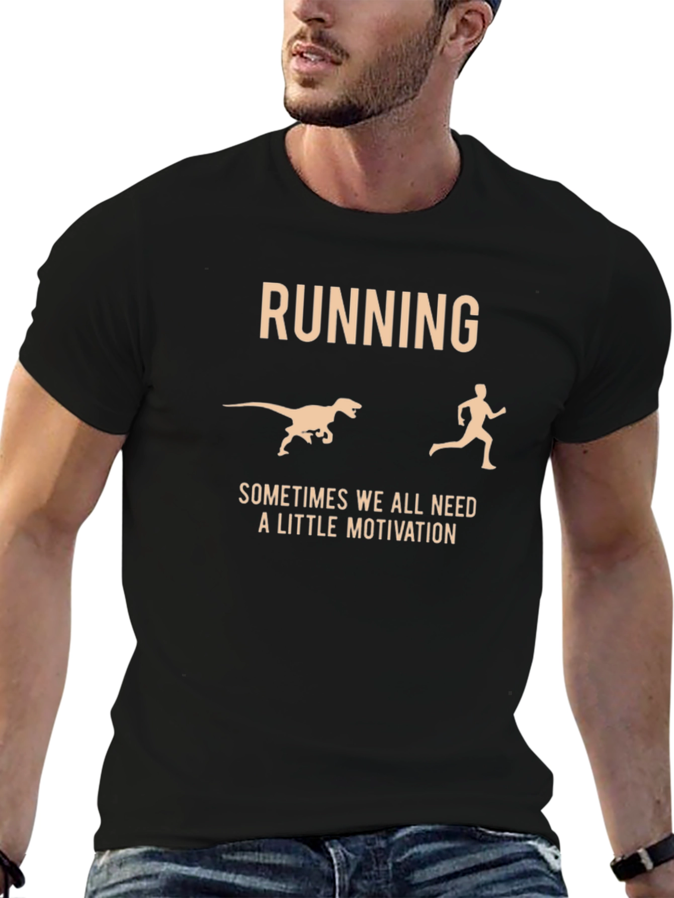 Black Running Motivation T-Shirt: Dinosaur Chaser view 6