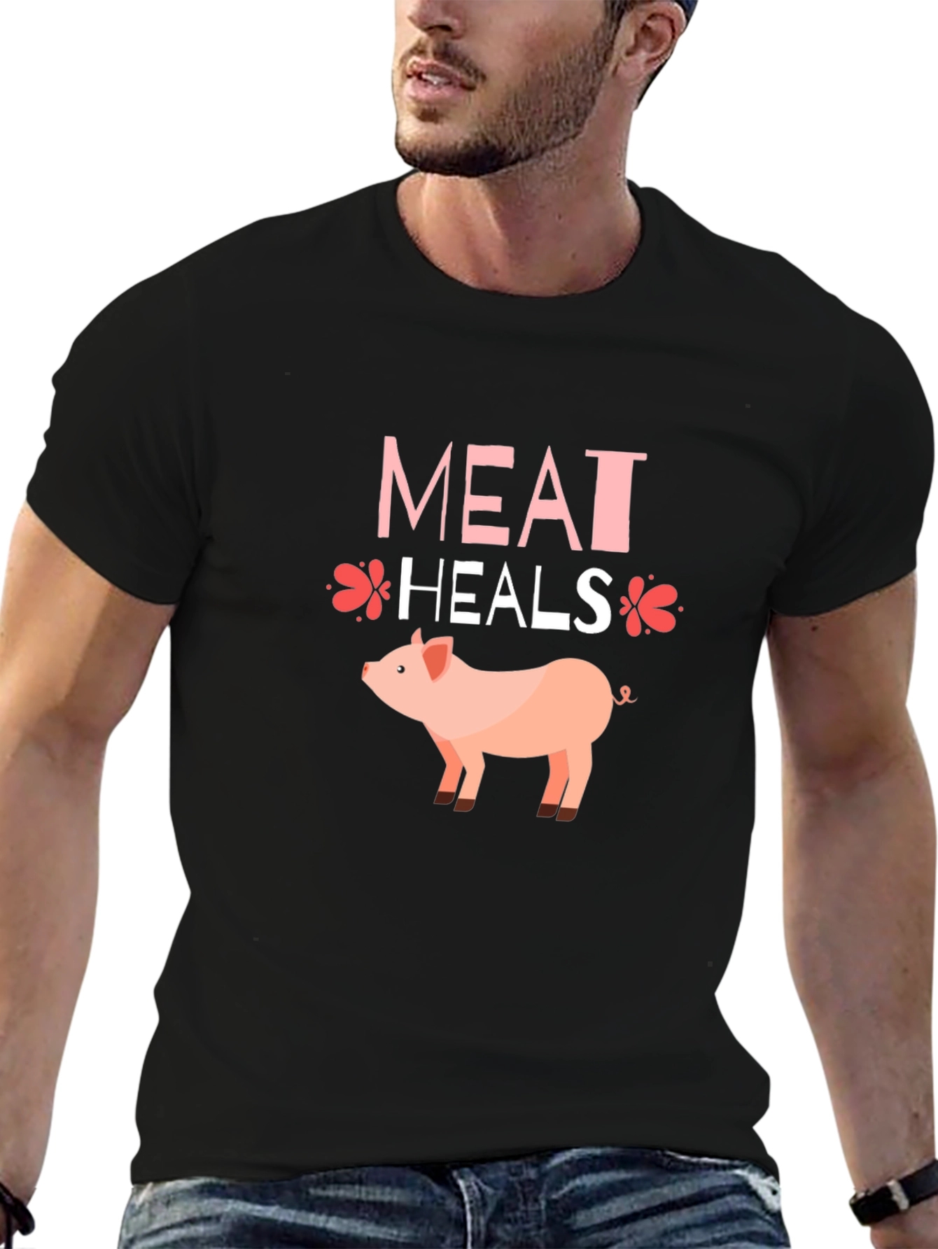 Black Meat Heals Pig Graphic T-Shirt, Black Tee view 6