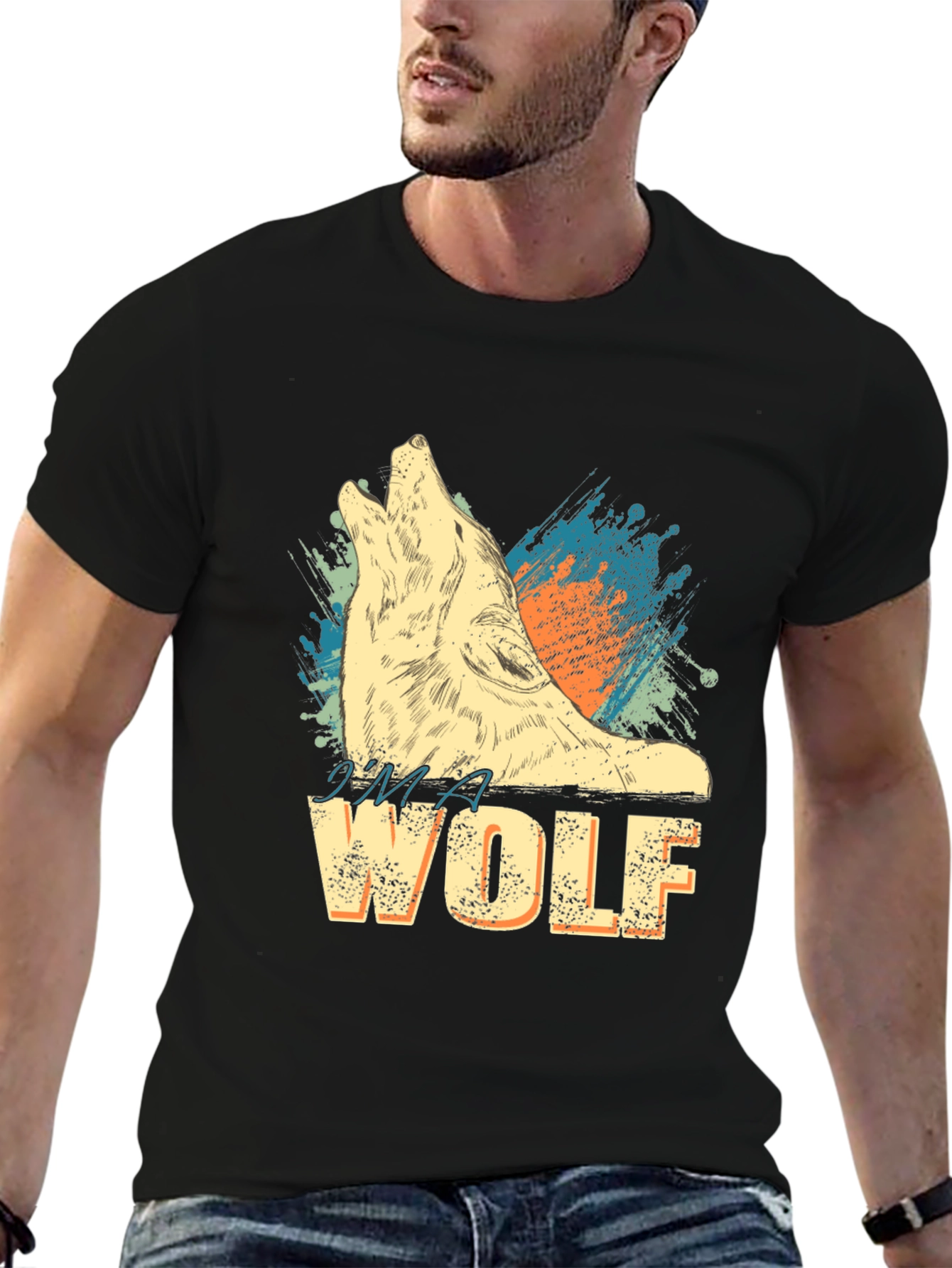 Black I'm A Wolf Graphic Print Crew Neck T-Shirt view 6
