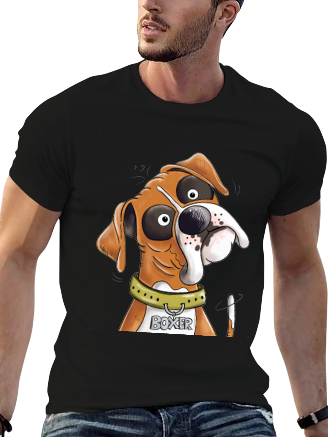Black Boxer Dog Cartoon Graphic Tee - Unique Design view 6