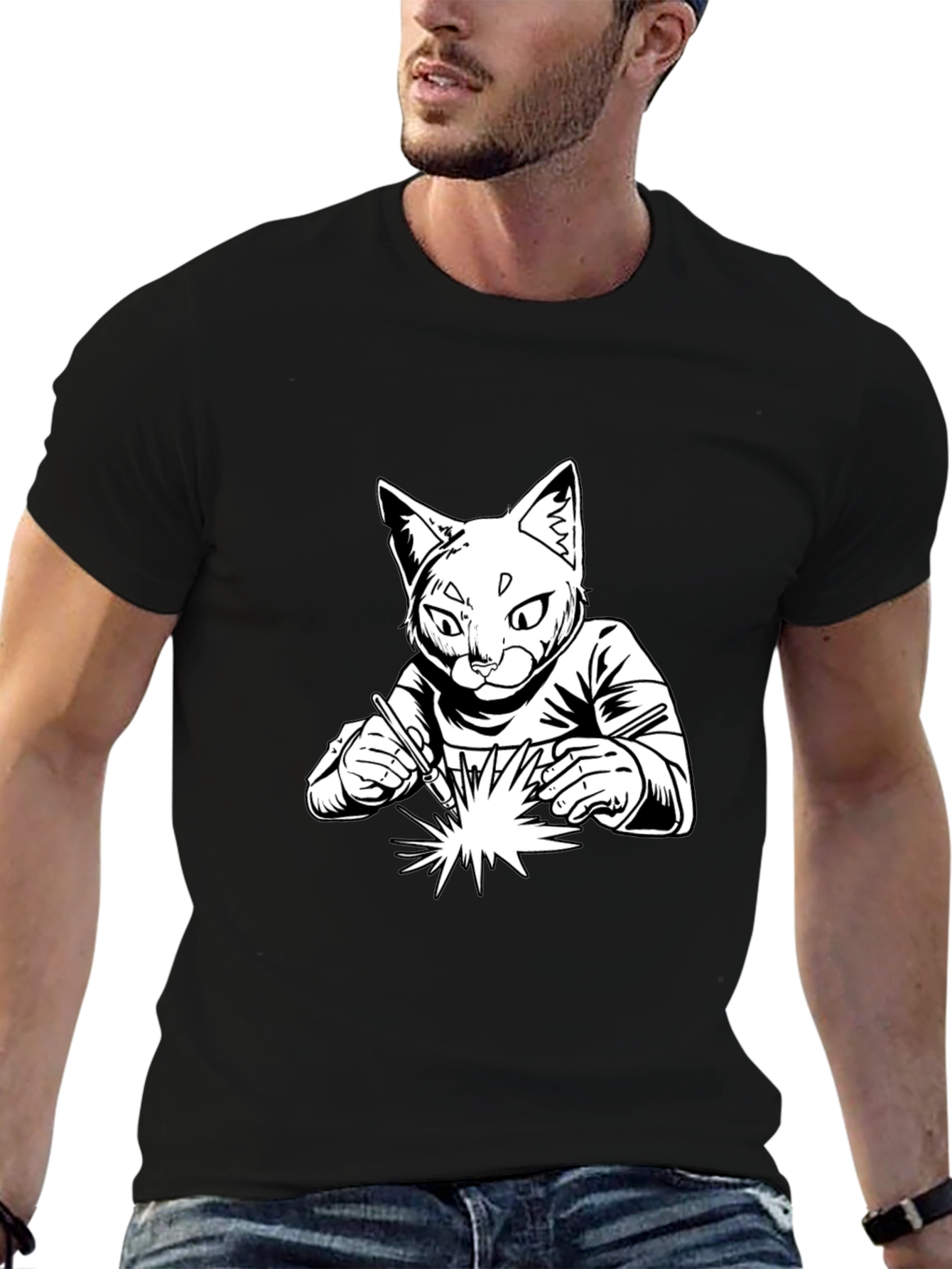 Black Welding Cat T-Shirt - Cool Graphic Tee view 6