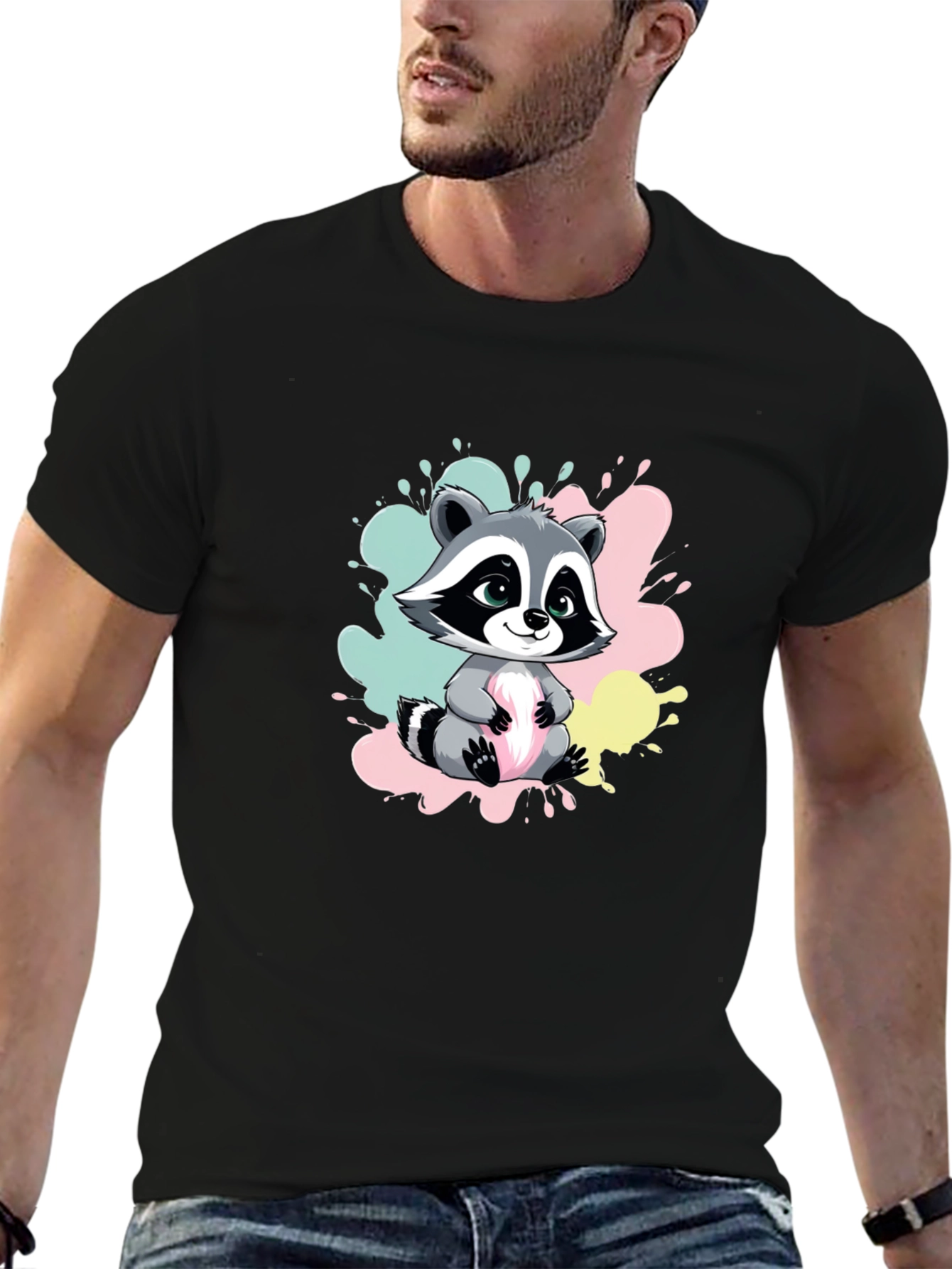 Black Cute Raccoon Graphic Tee - Soft Cotton Blend view 6